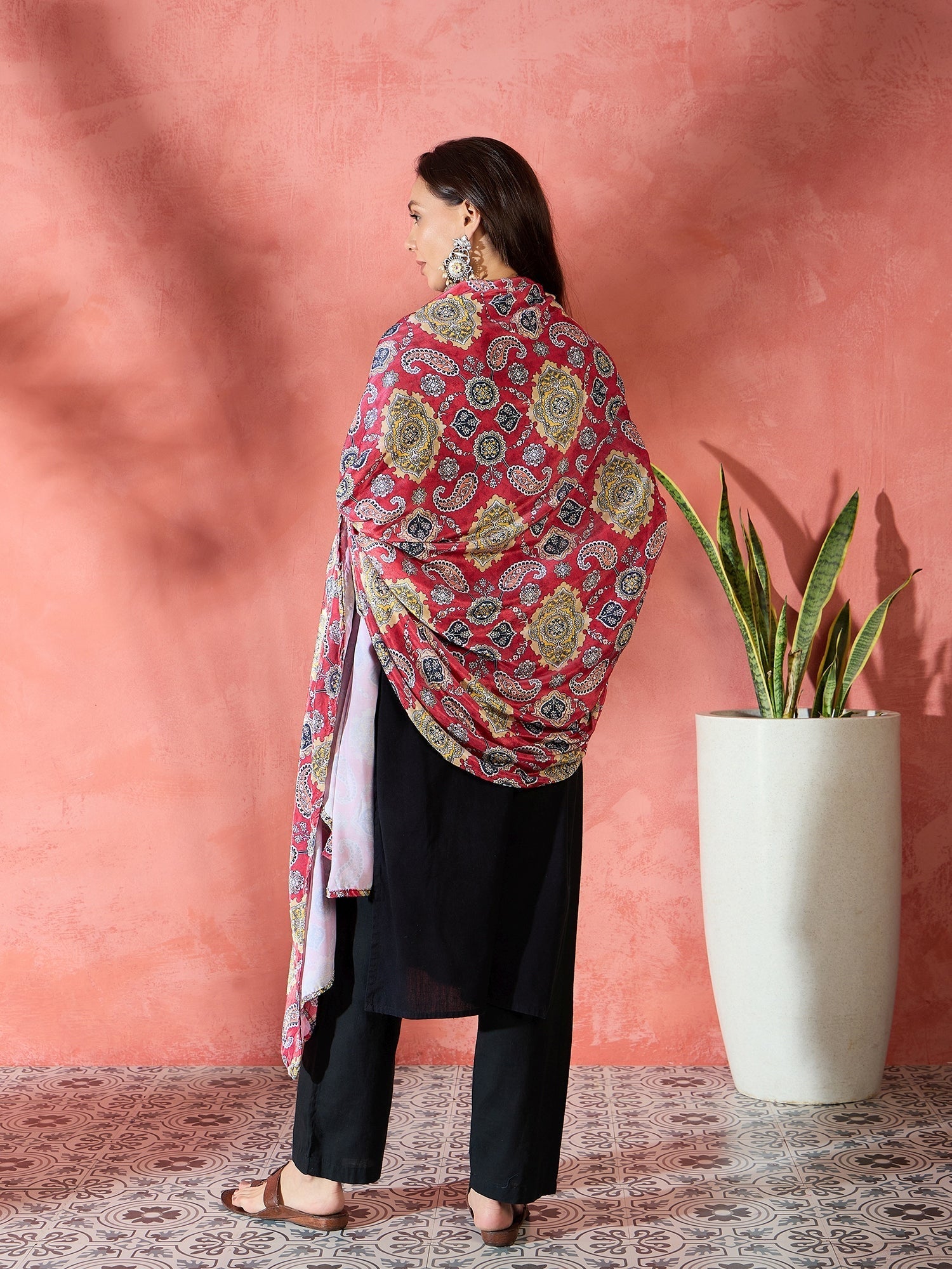 InWeave Red Printed Velvet Shawl