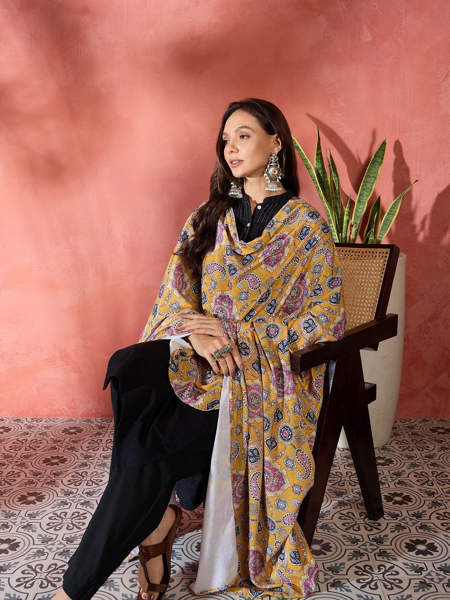InWeave Yellow Printed Velvet Shawl