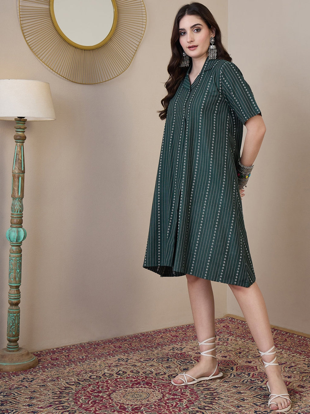 InWeave Green Stripe Kantha Collar Dress