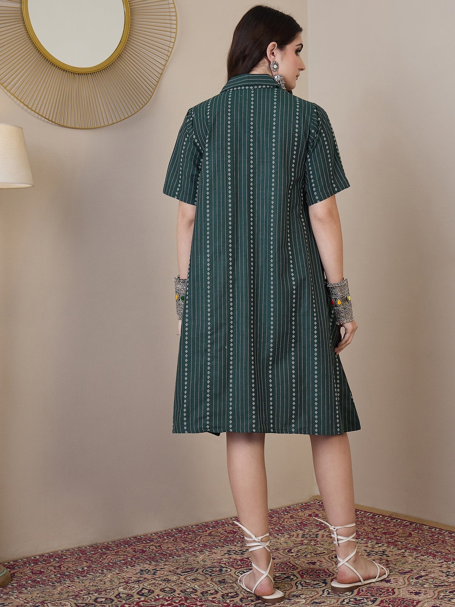 InWeave Green Stripe Kantha Collar Dress