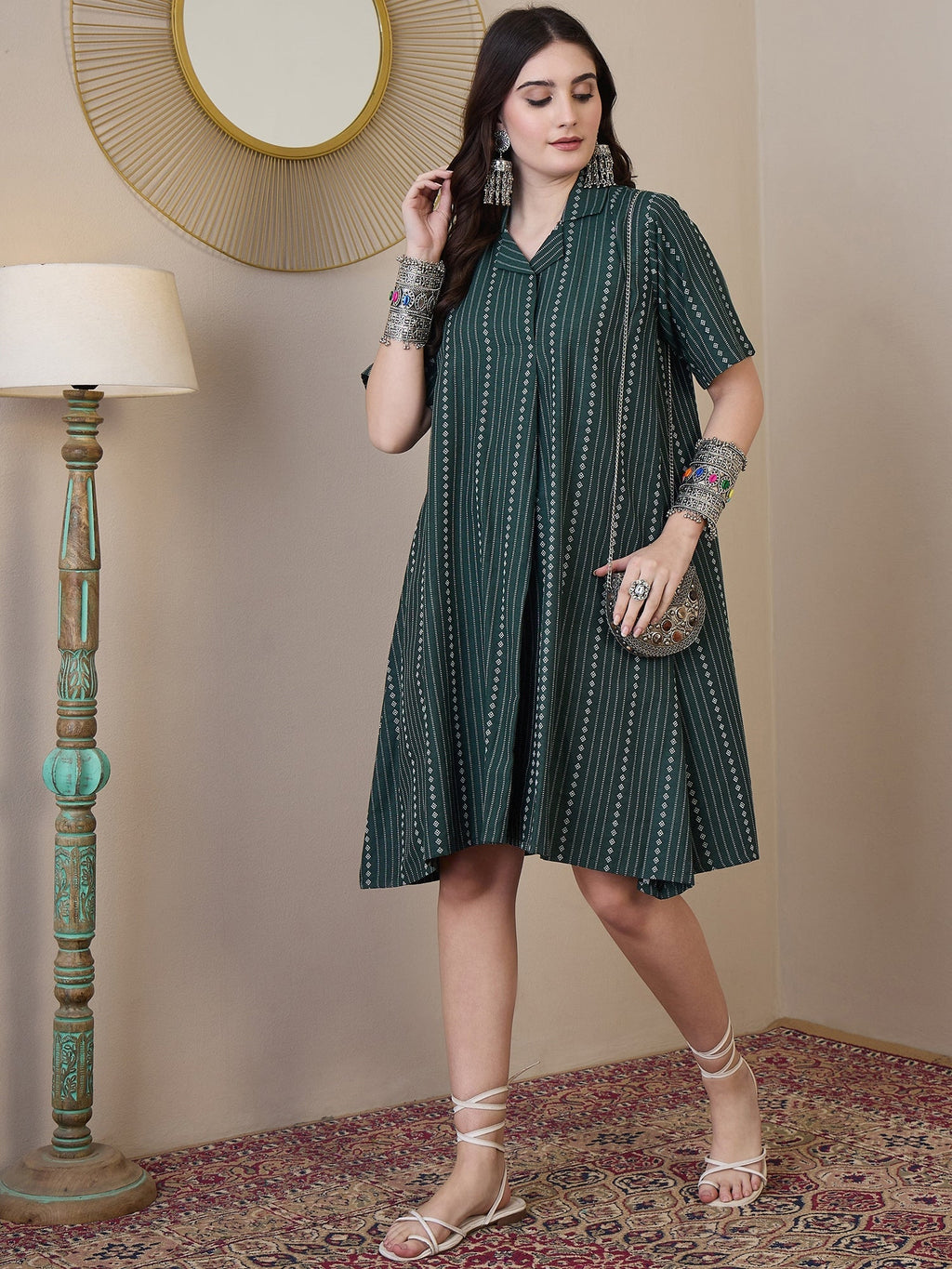InWeave Green Stripe Kantha Collar Dress