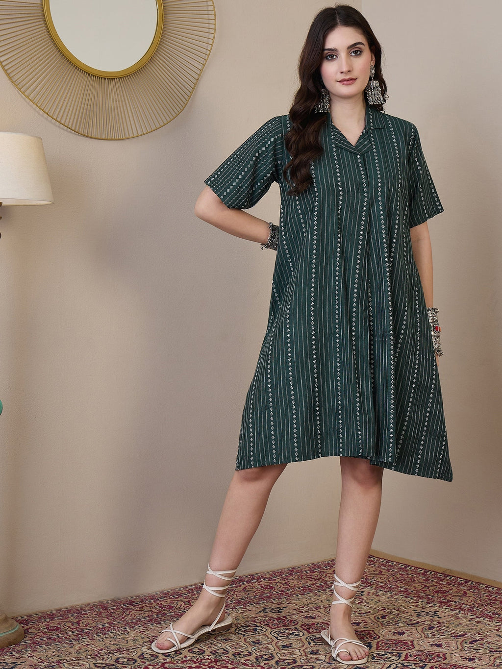 InWeave Green Stripe Kantha Collar Dress