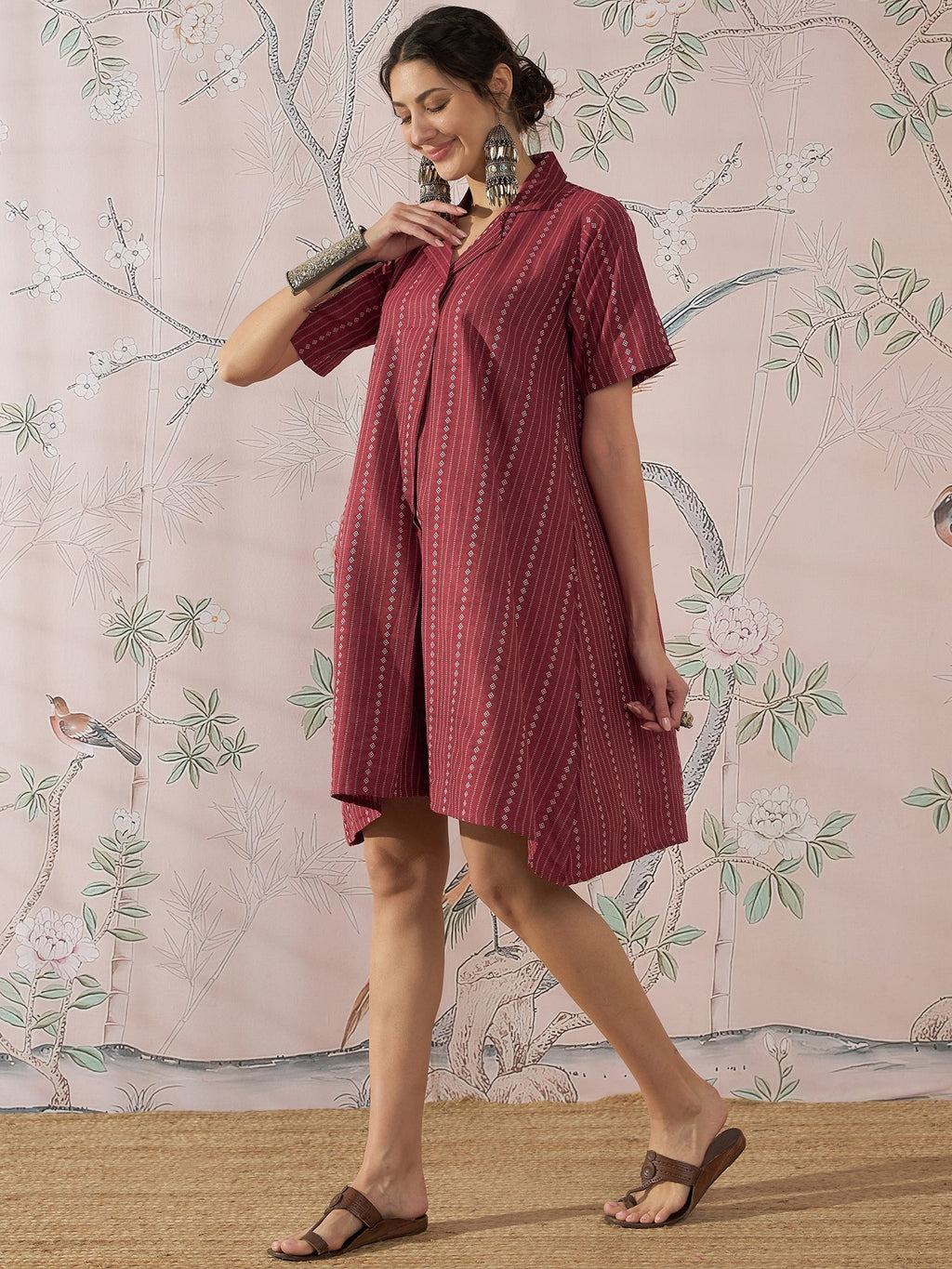 InWeave Maroon Stripe Kantha Collar Dress