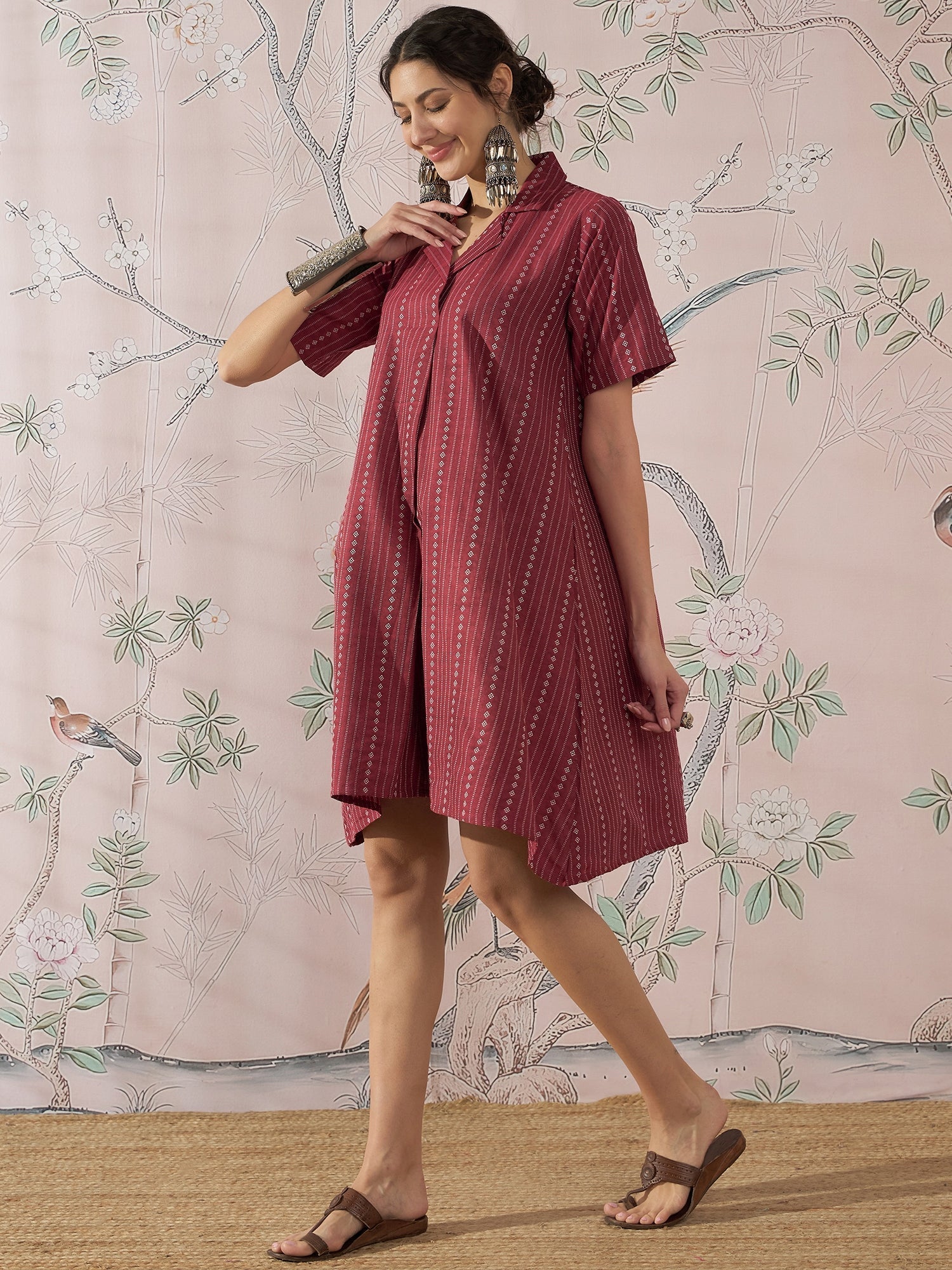 InWeave Maroon Stripe Kantha Collar Dress