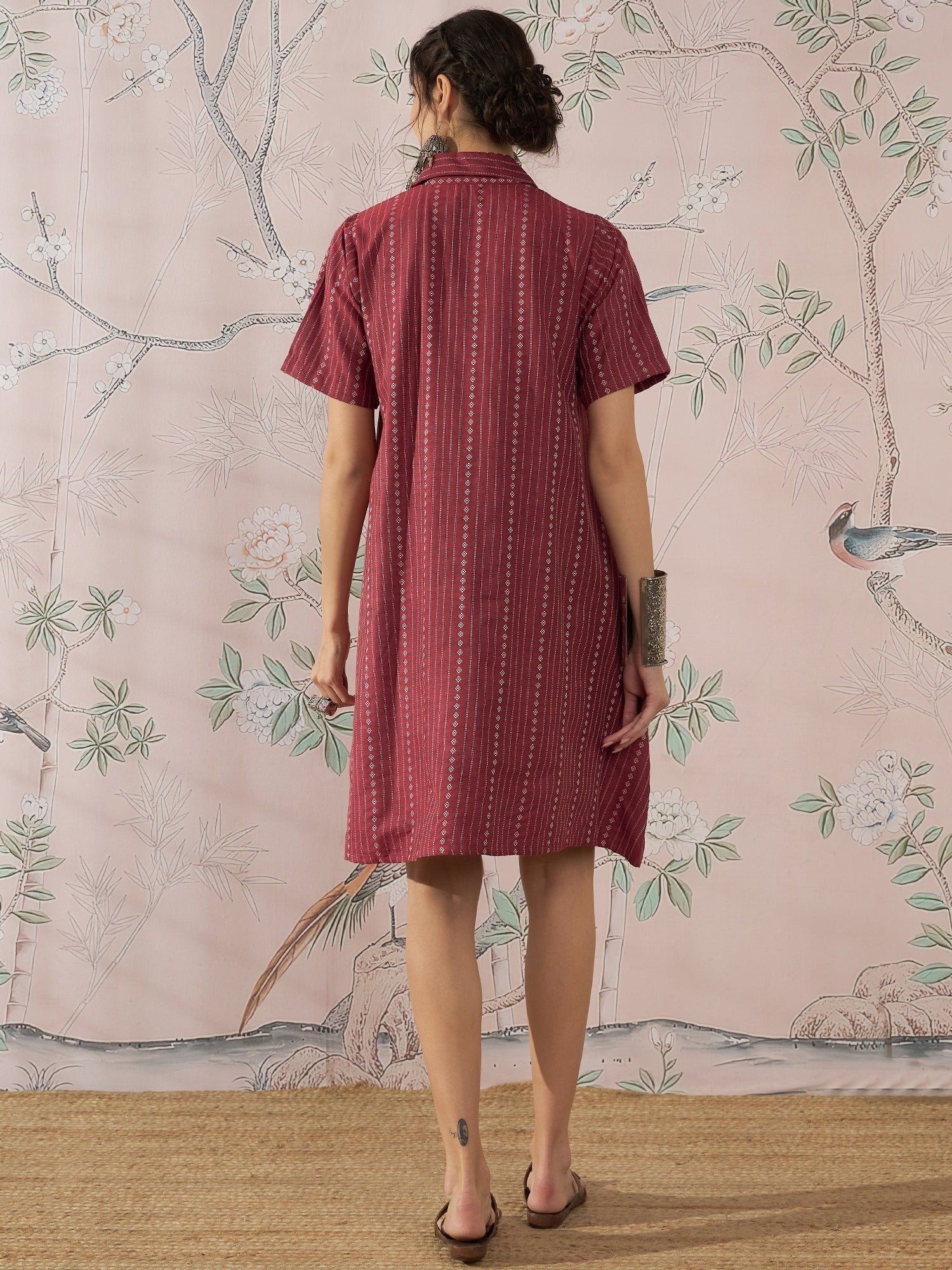 InWeave Maroon Stripe Kantha Collar Dress