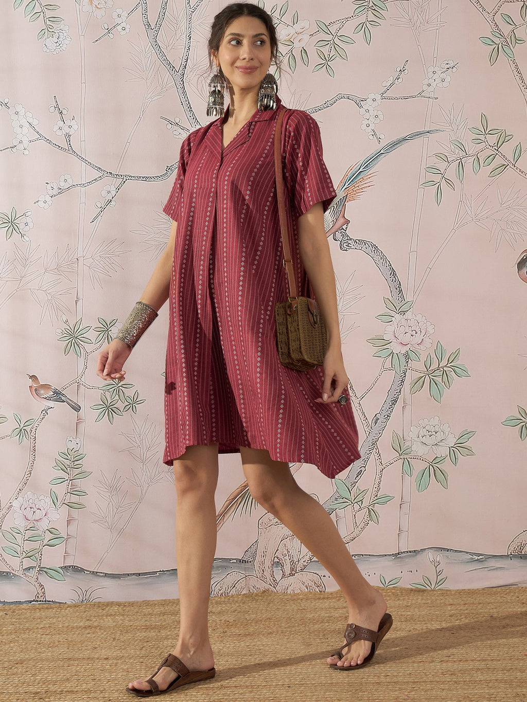 InWeave Maroon Stripe Kantha Collar Dress