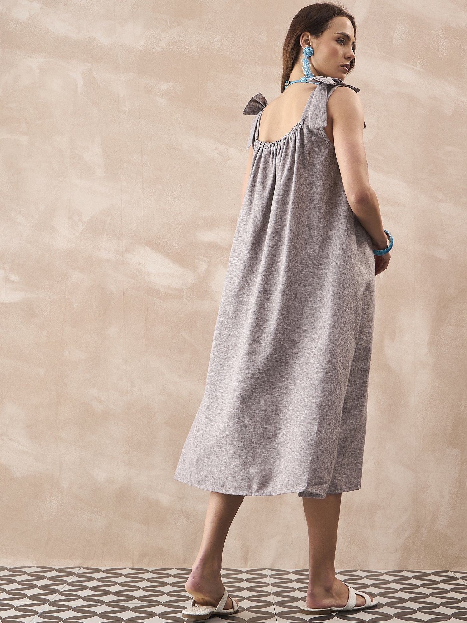 InWeave Dull Grey Linen Pleat Bow Dress