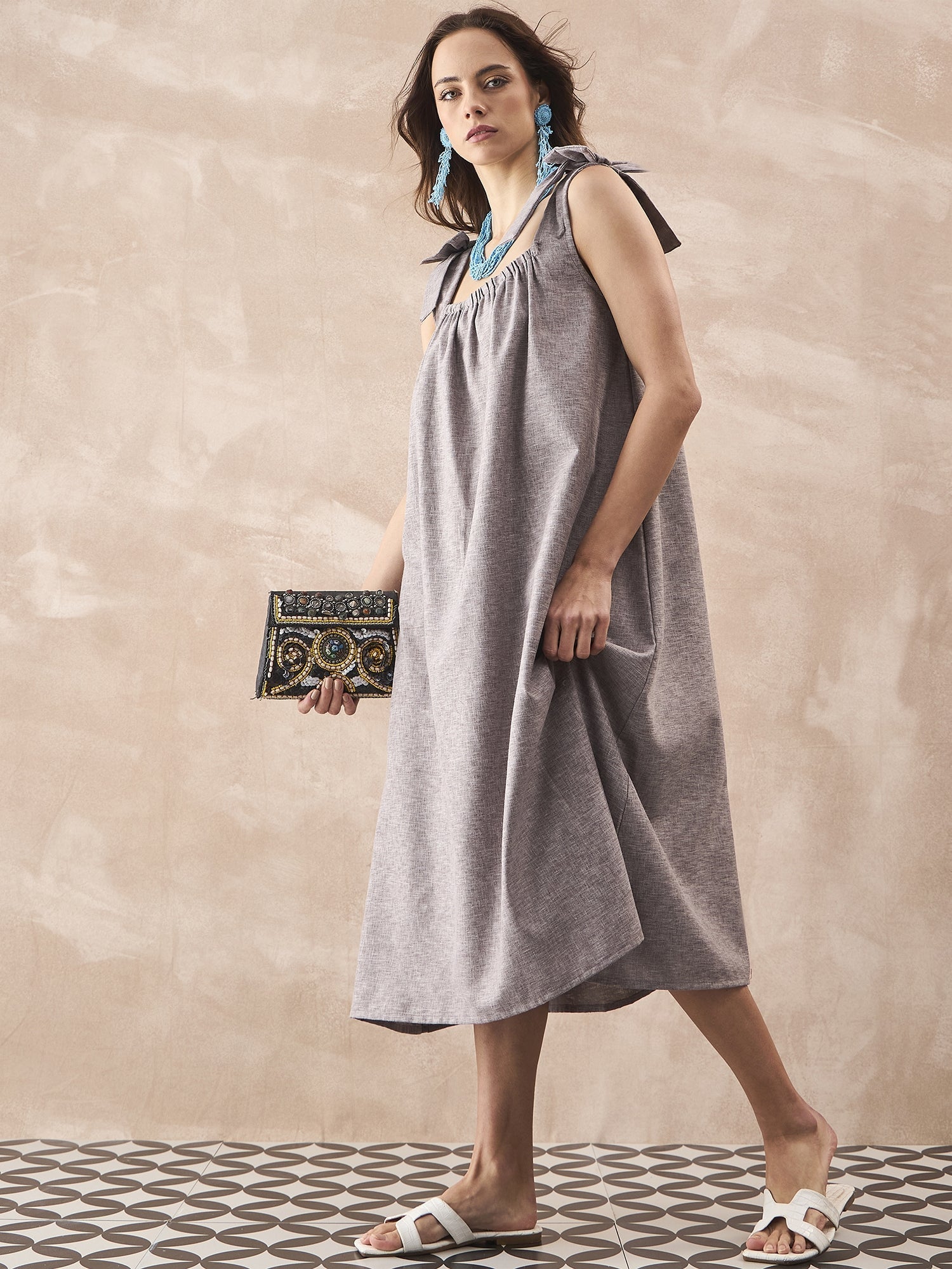 InWeave Dull Grey Linen Pleat Bow Dress