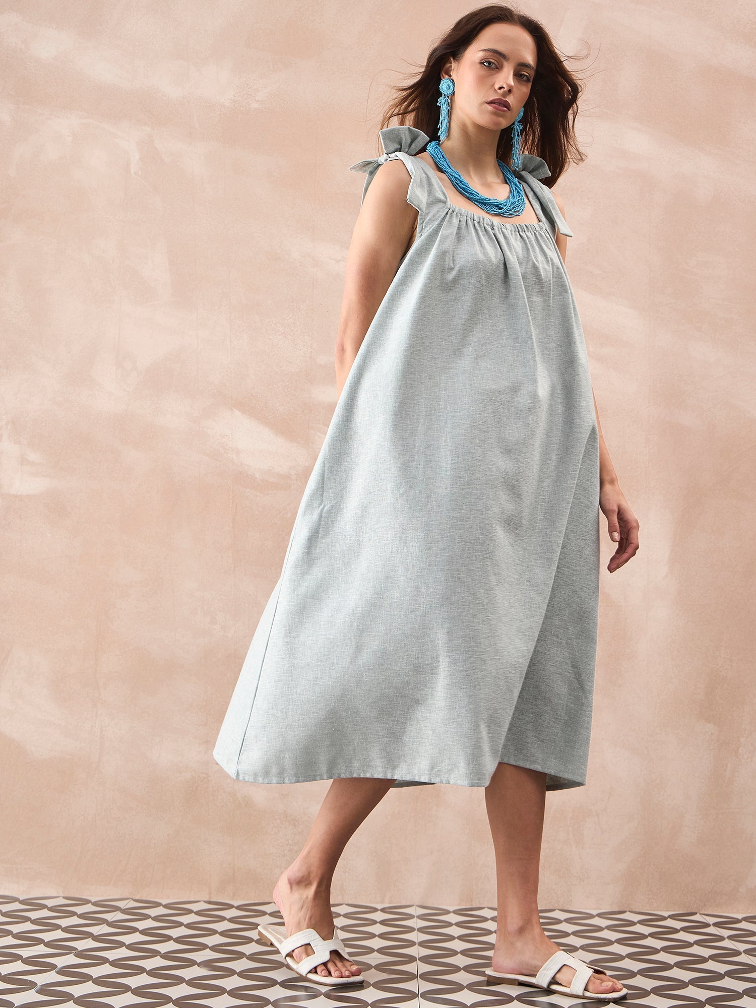 InWeave Pistachio Linen Pleat Bow Dress