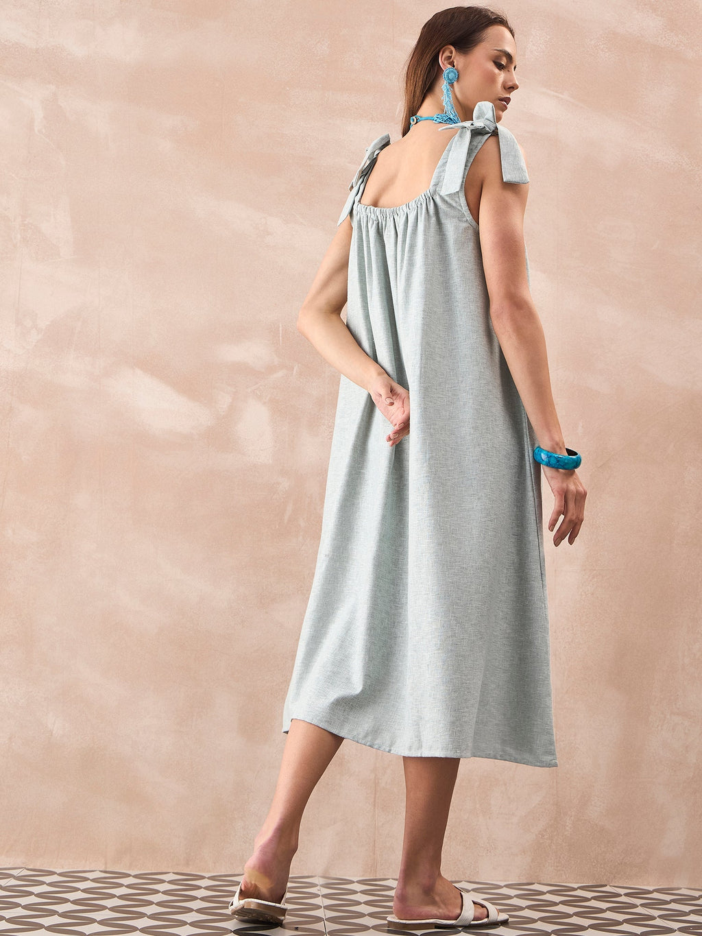InWeave Pistachio Linen Pleat Bow Dress
