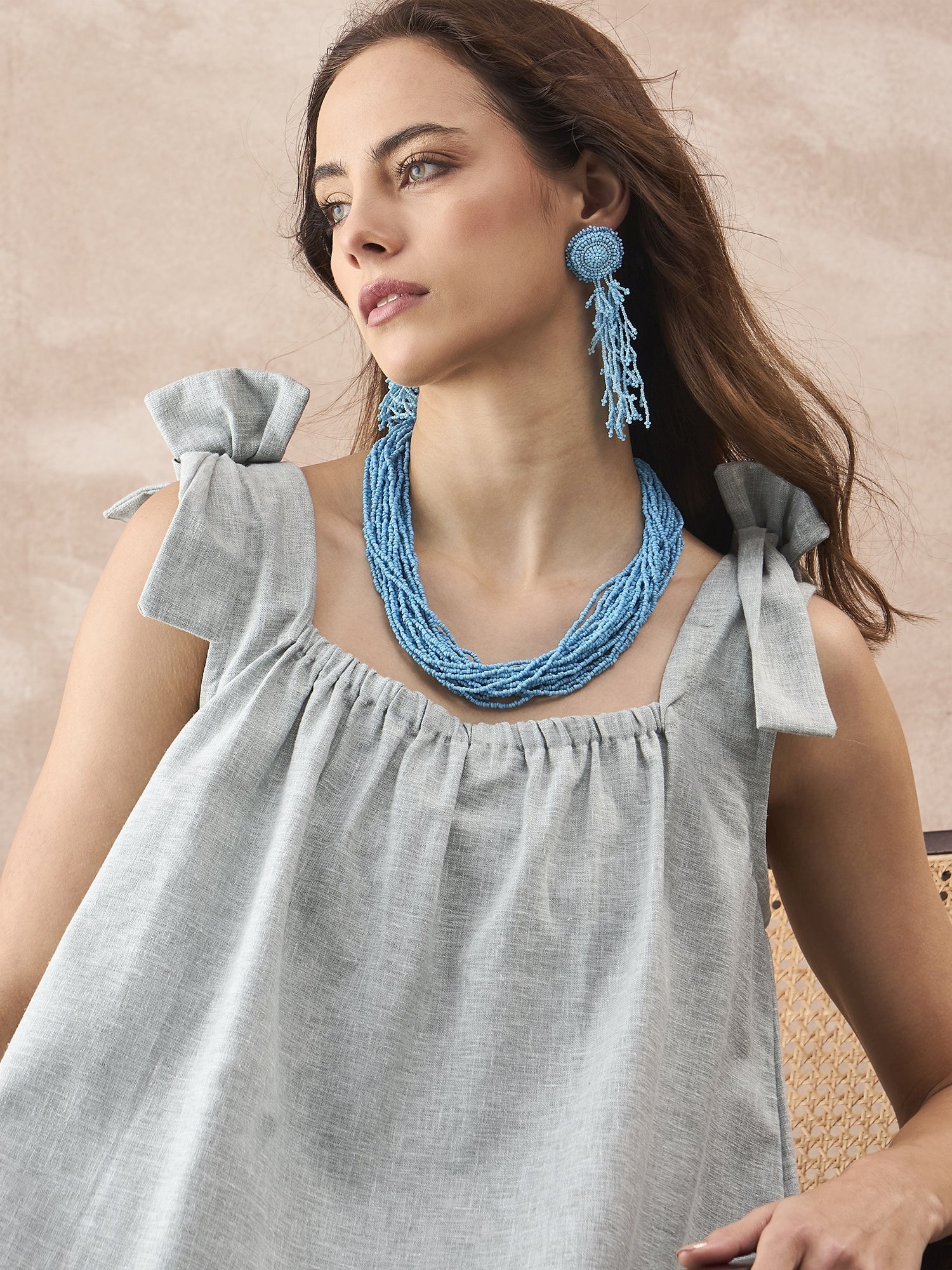 InWeave Pistachio Linen Pleat Bow Dress