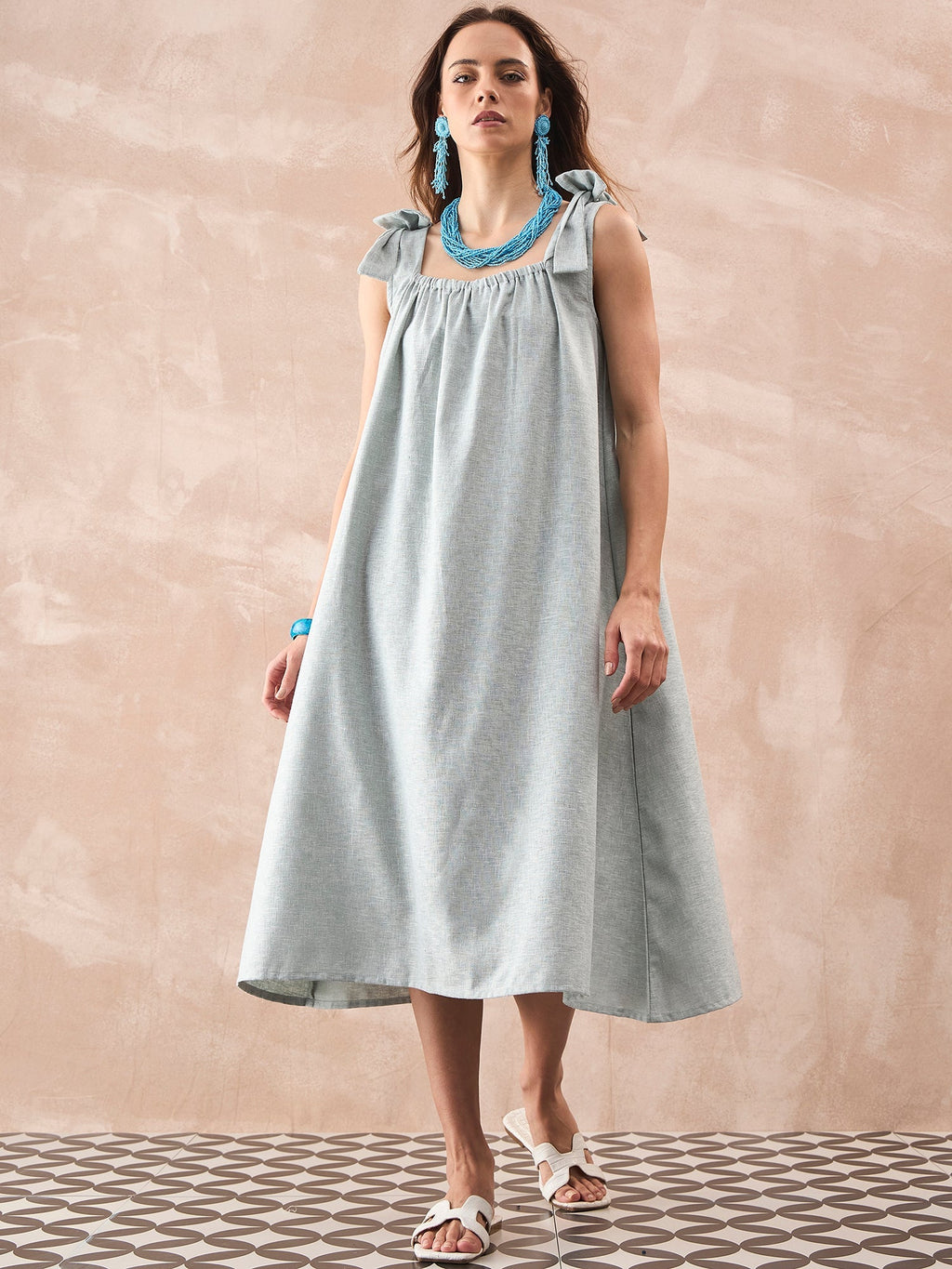 InWeave Pistachio Linen Pleat Bow Dress