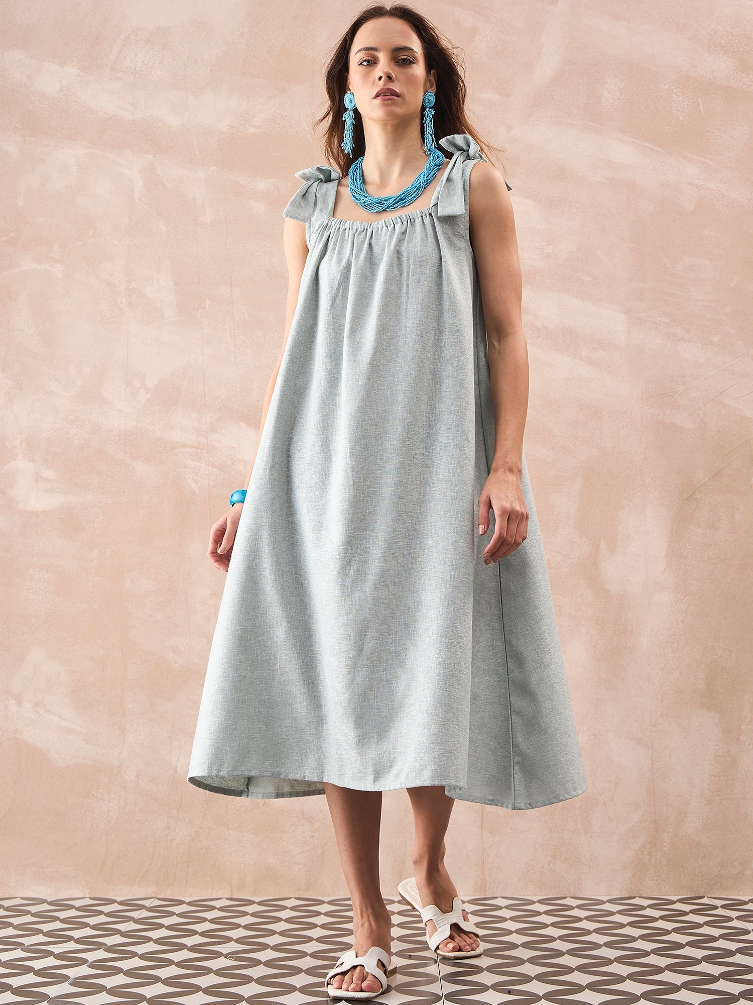 InWeave Pistachio Linen Pleat Bow Dress