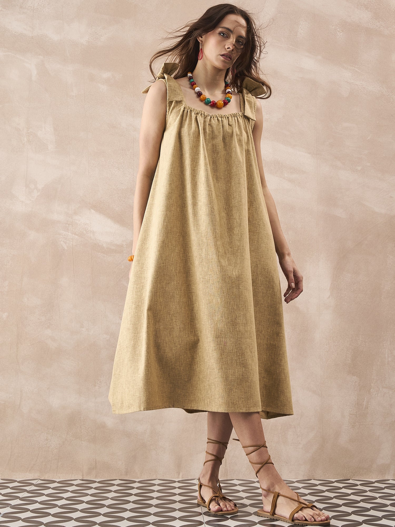 InWeave Dull Khaki Linen Pleat Bow Dress