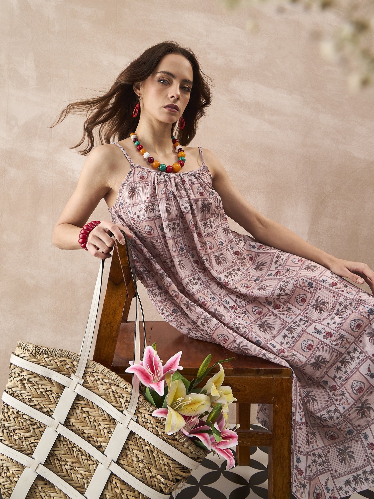 InWeave Ivory Tree Parrot Strappy Dress