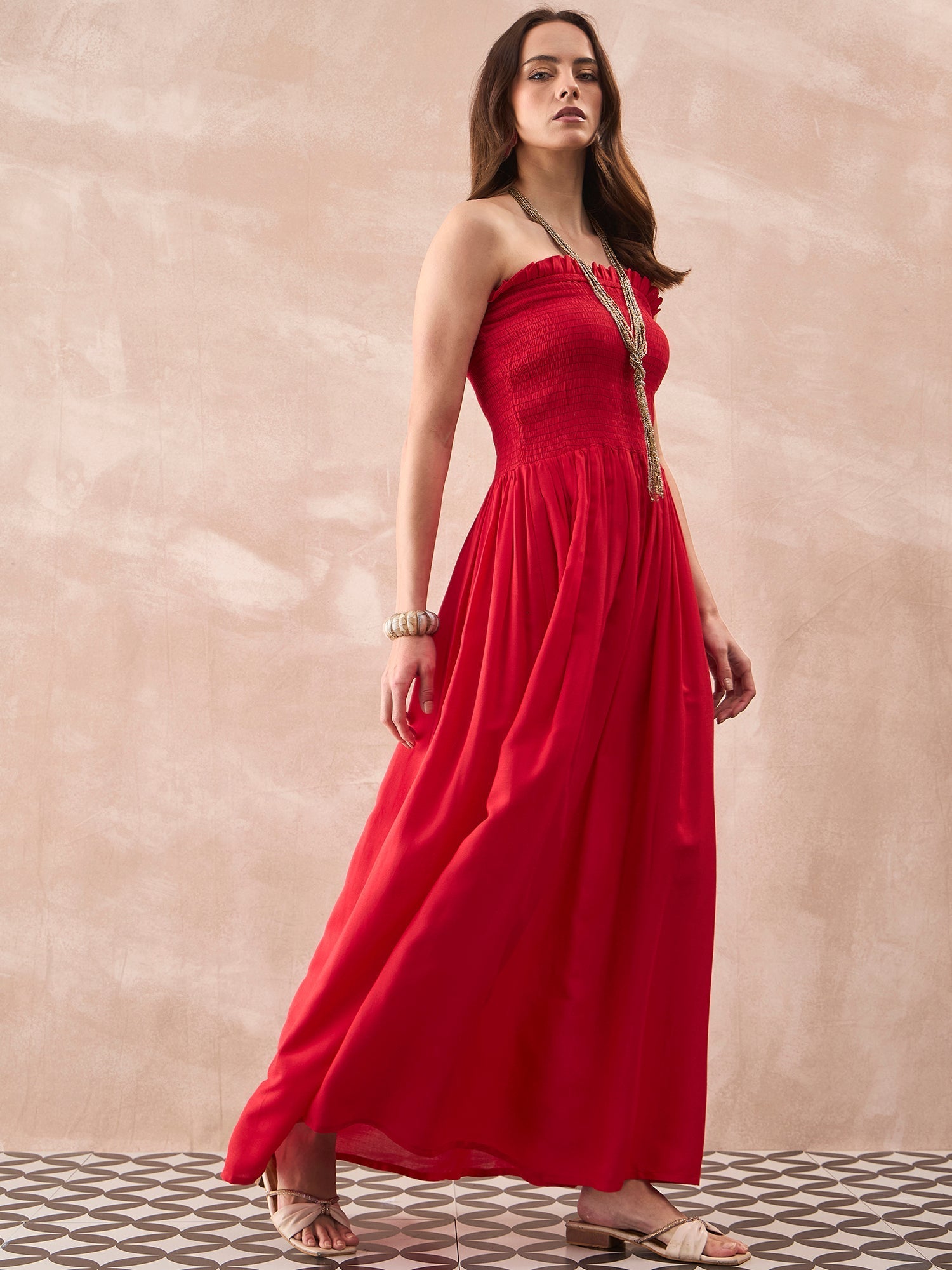 InWeave Red Solid Off Shoulder Dress