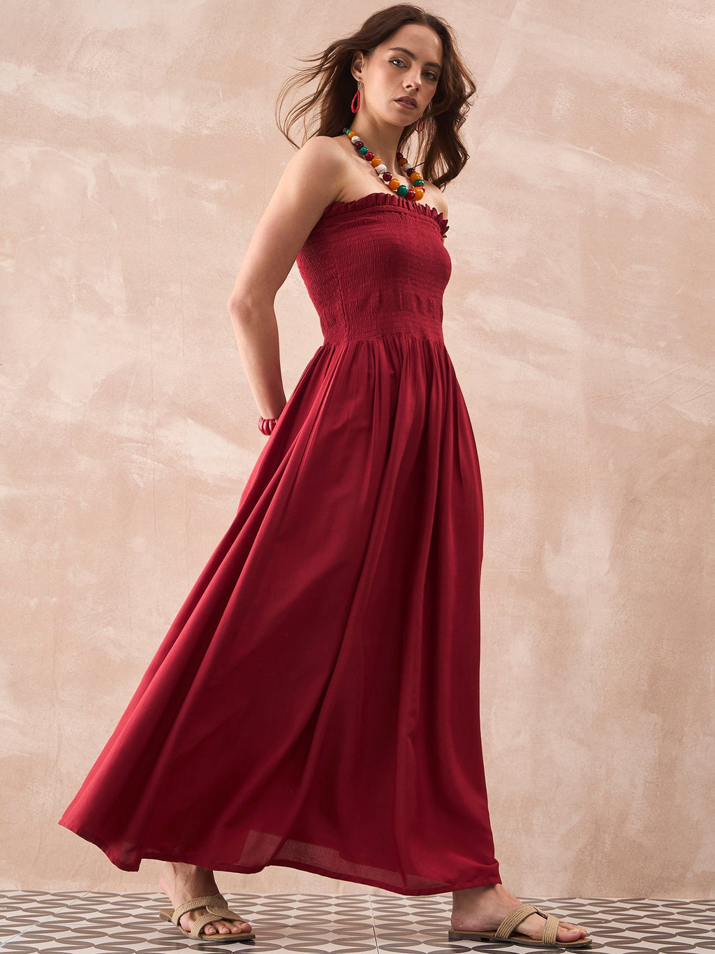 InWeave Maroon Solid Off Shoulder Dress