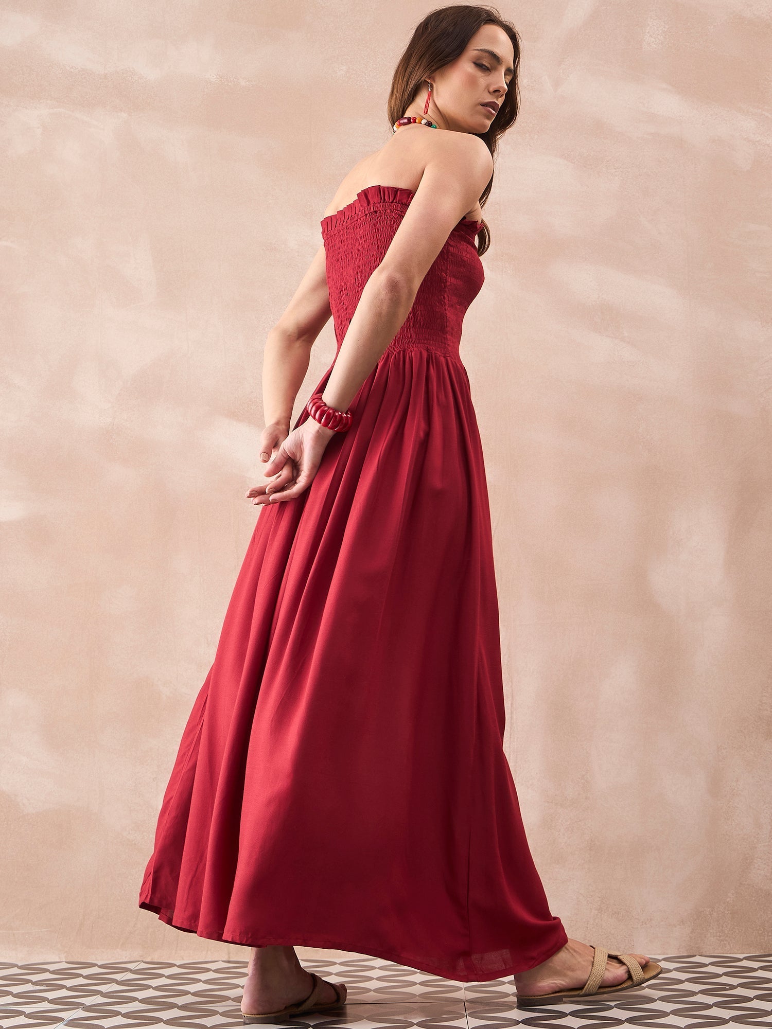 InWeave Maroon Solid Off Shoulder Dress