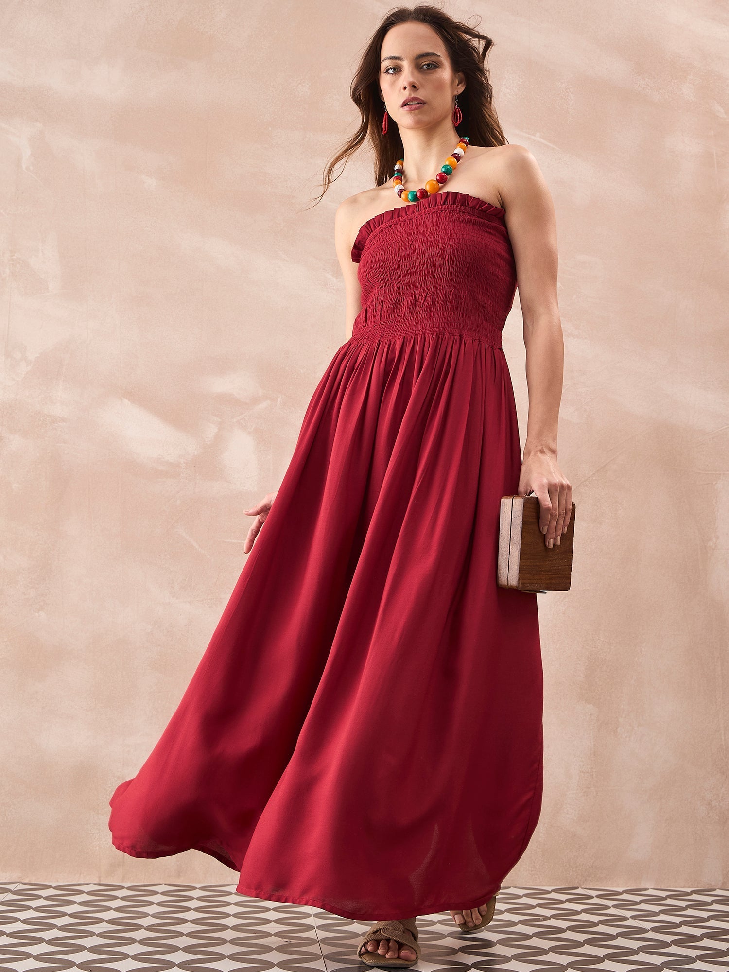 InWeave Maroon Solid Off Shoulder Dress