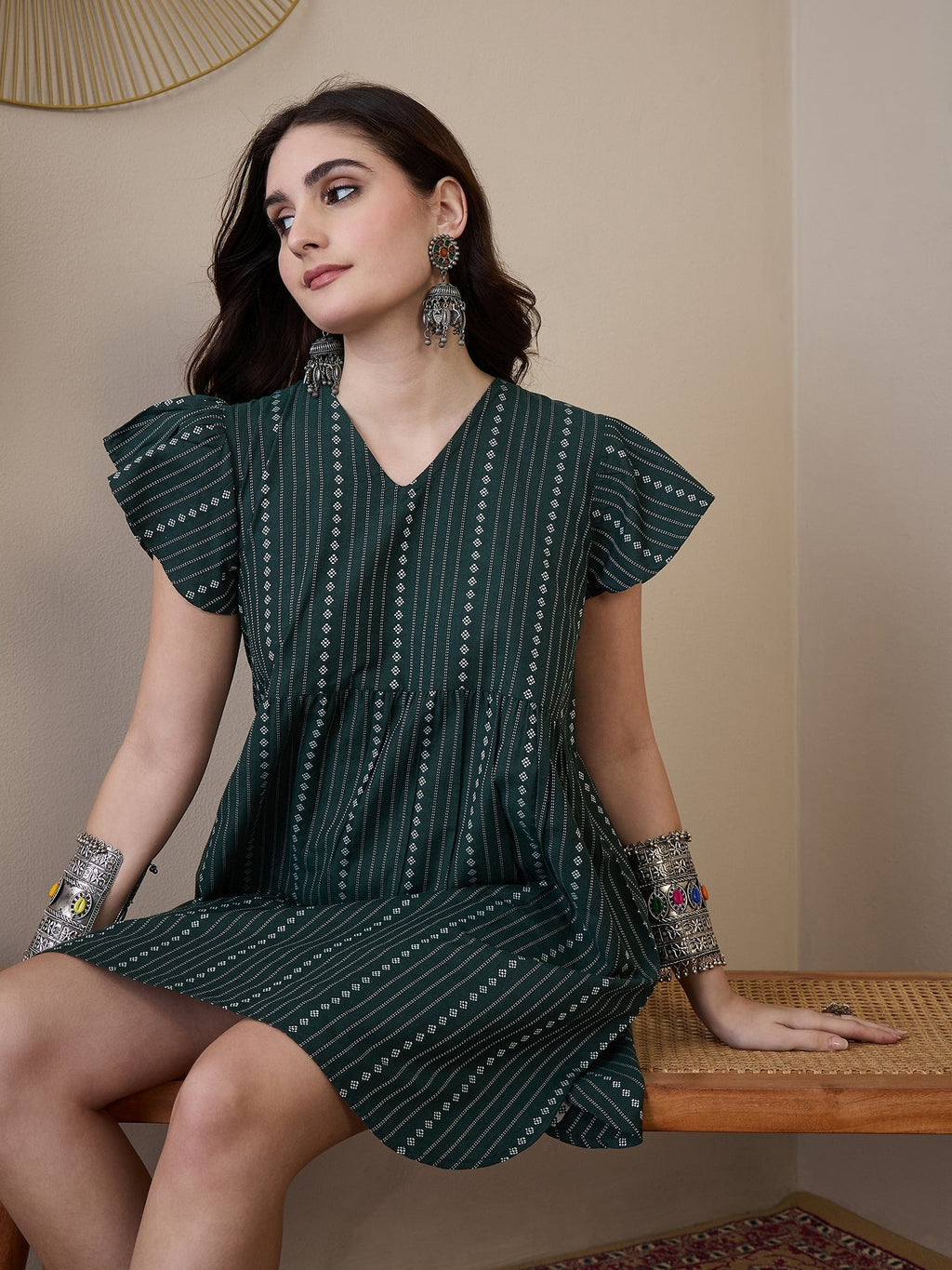 InWeave Green Stripe Kantha V Neck Short Dress