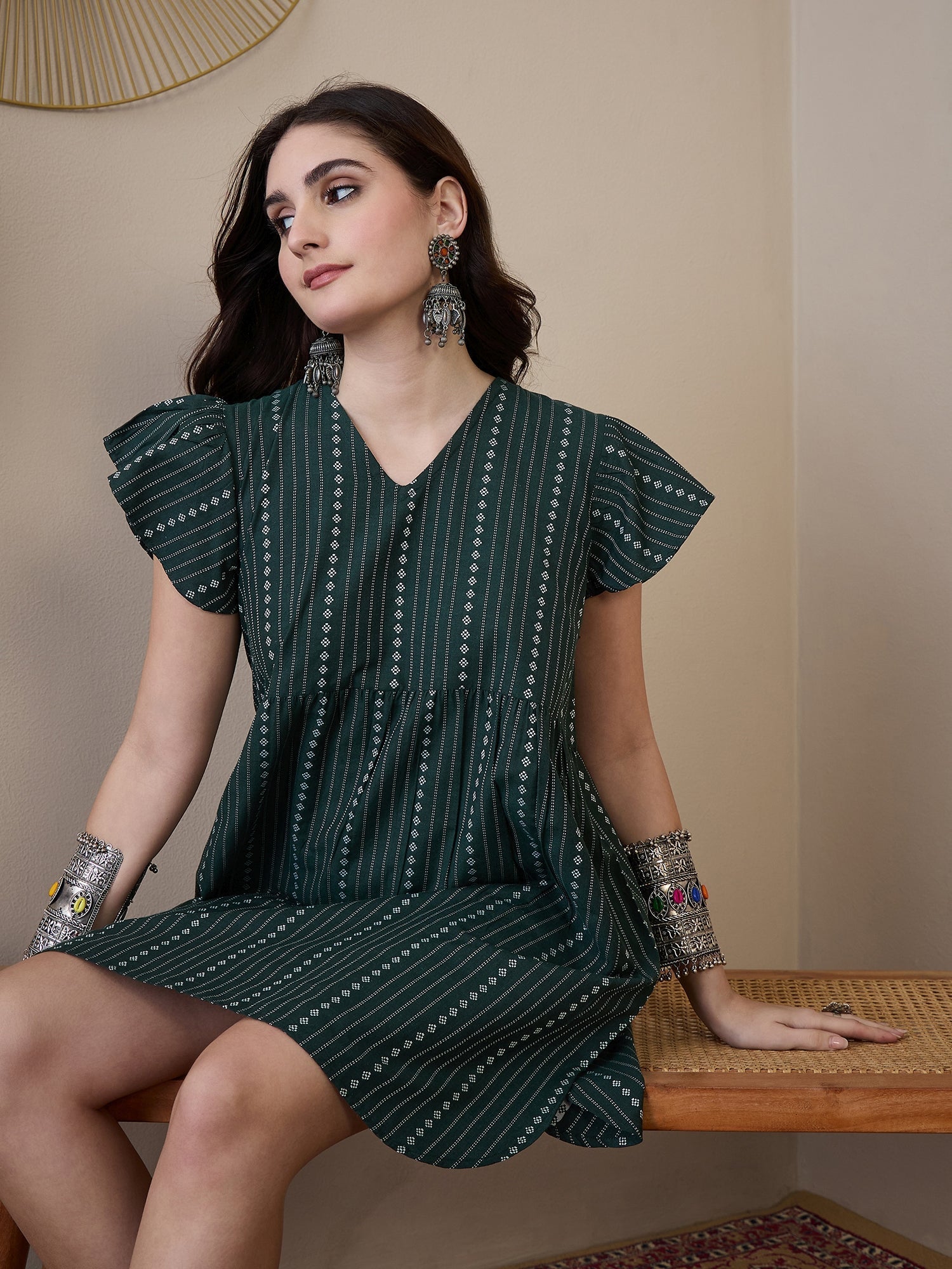 InWeave Green Stripe Kantha V Neck Short Dress
