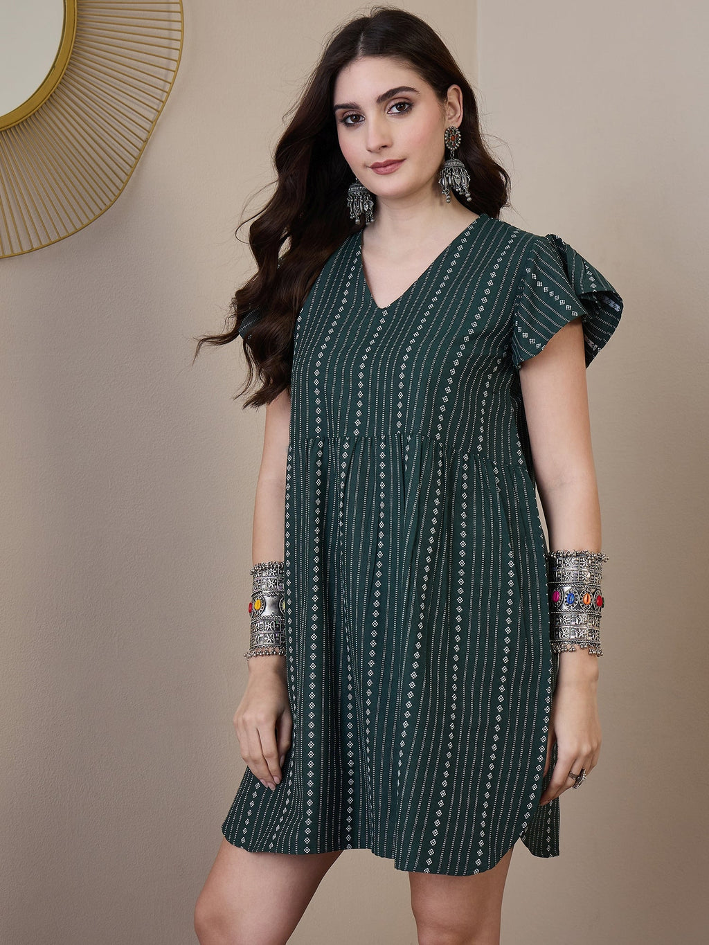 InWeave Green Stripe Kantha V Neck Short Dress