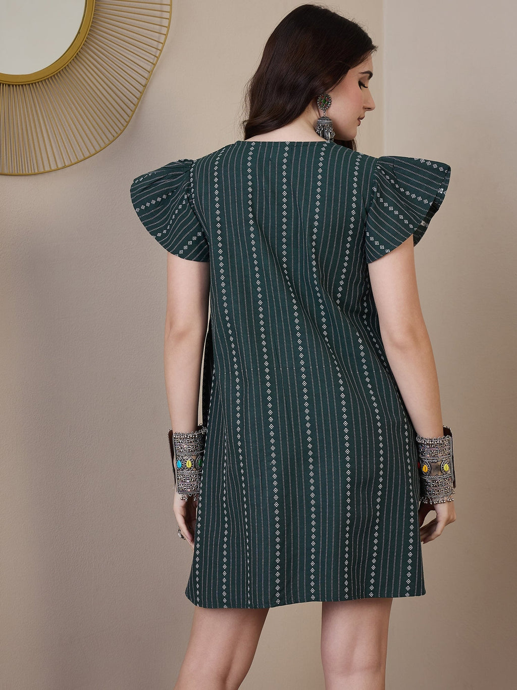 InWeave Green Stripe Kantha V Neck Short Dress
