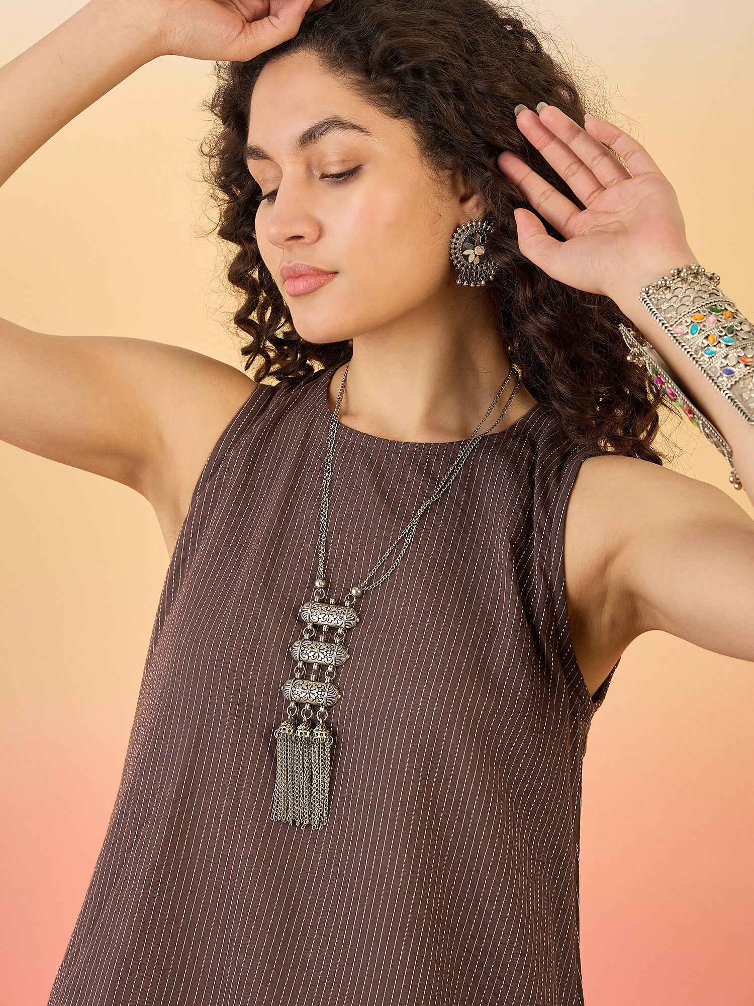 InWeave Dark Brown Kantha R Neck W/S Dress