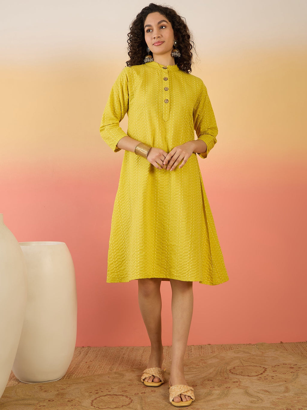 InWeave Yellow Kantha Mandarin Button Dress