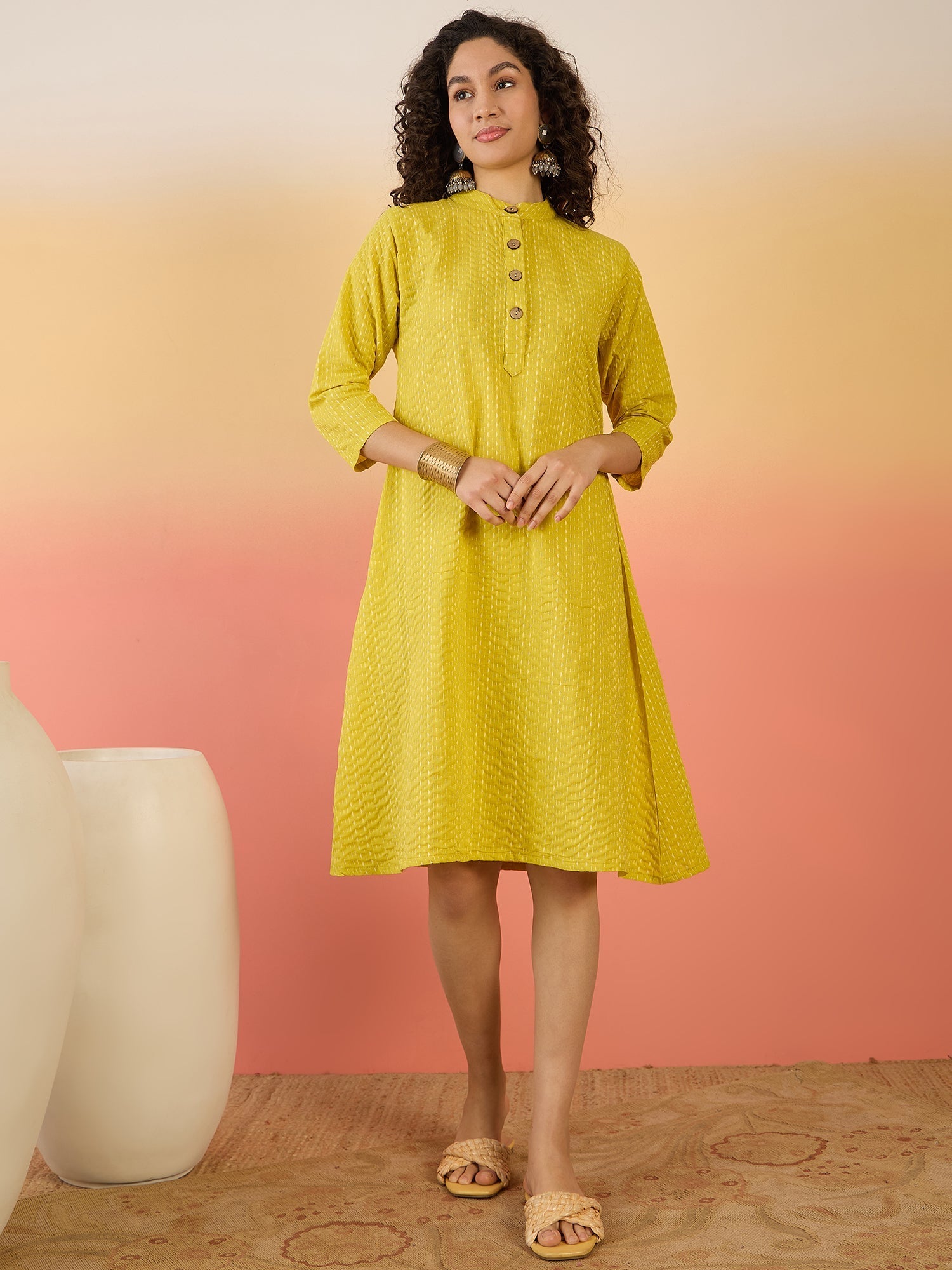 InWeave Yellow Kantha Mandarin Button Dress