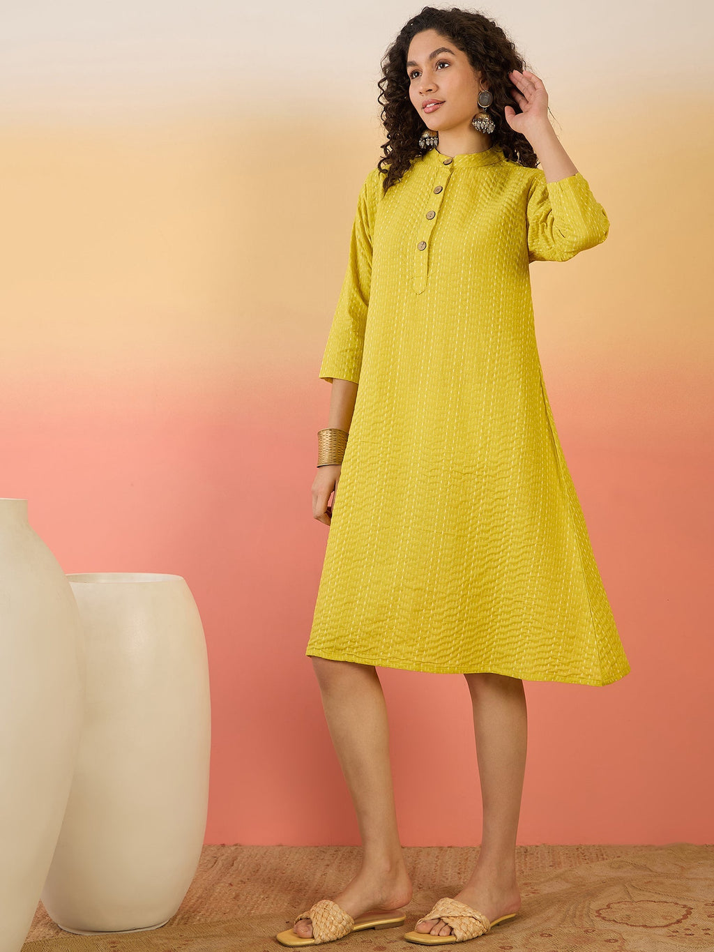 InWeave Yellow Kantha Mandarin Button Dress