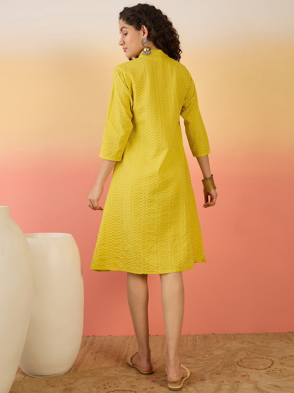 InWeave Yellow Kantha Mandarin Button Dress