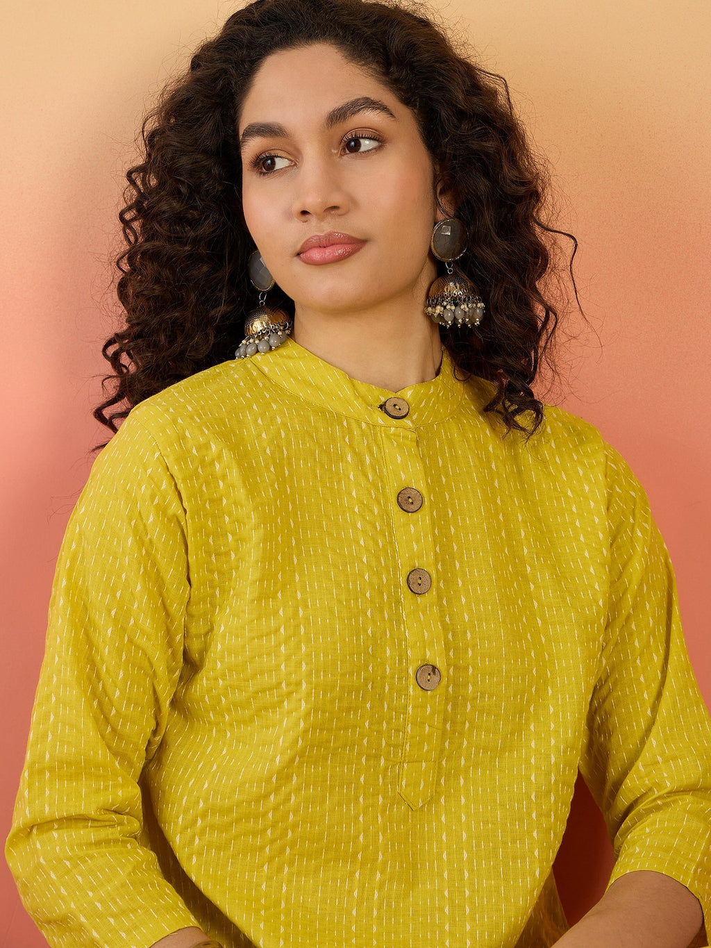 InWeave Yellow Kantha Mandarin Button Dress