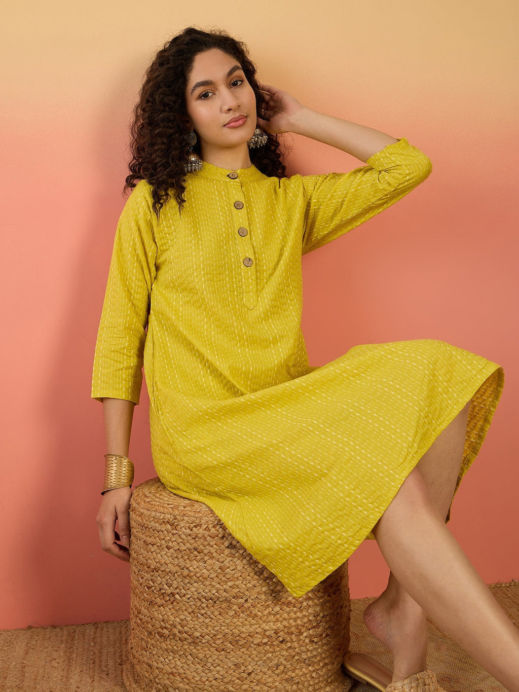 InWeave Yellow Kantha Mandarin Button Dress
