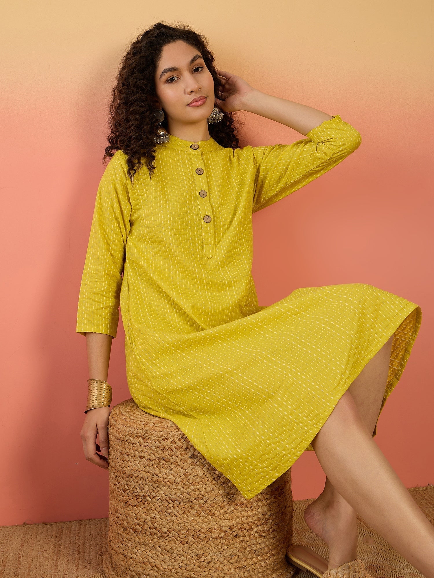 InWeave Yellow Kantha Mandarin Button Dress
