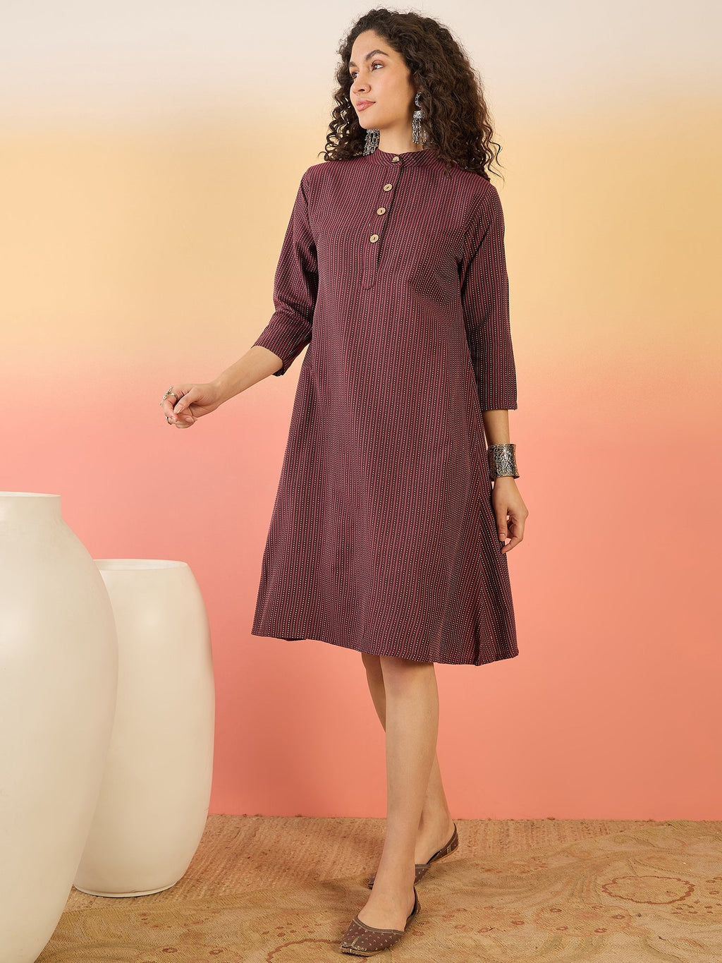InWeave Wine Kantha Mandarin Button Dress