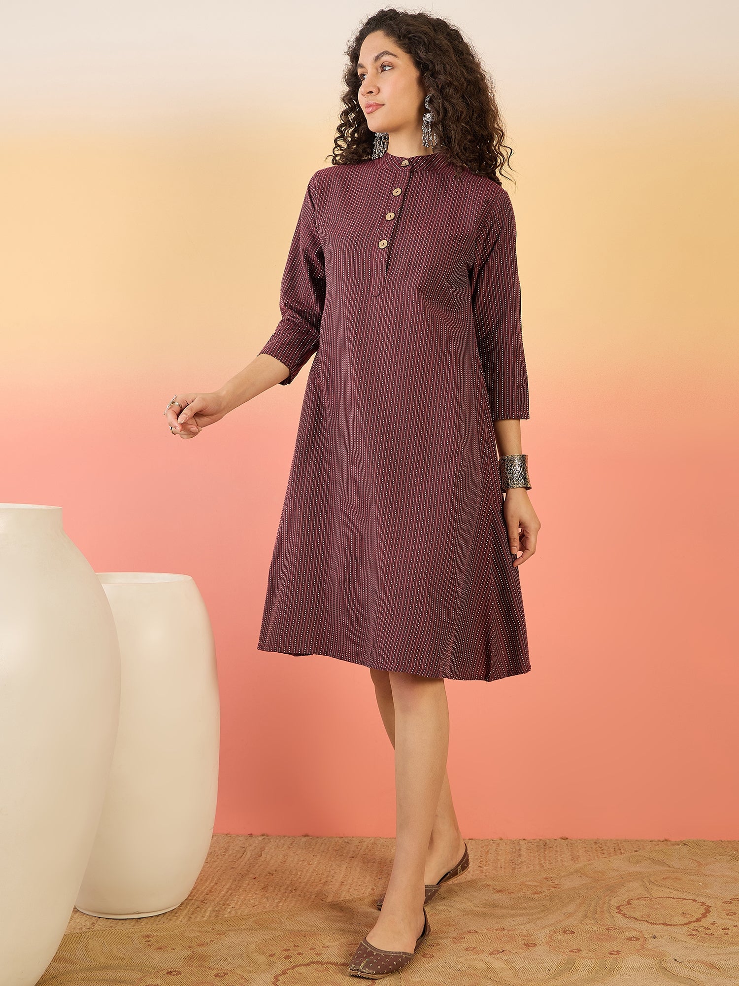 InWeave Wine Kantha Mandarin Button Dress