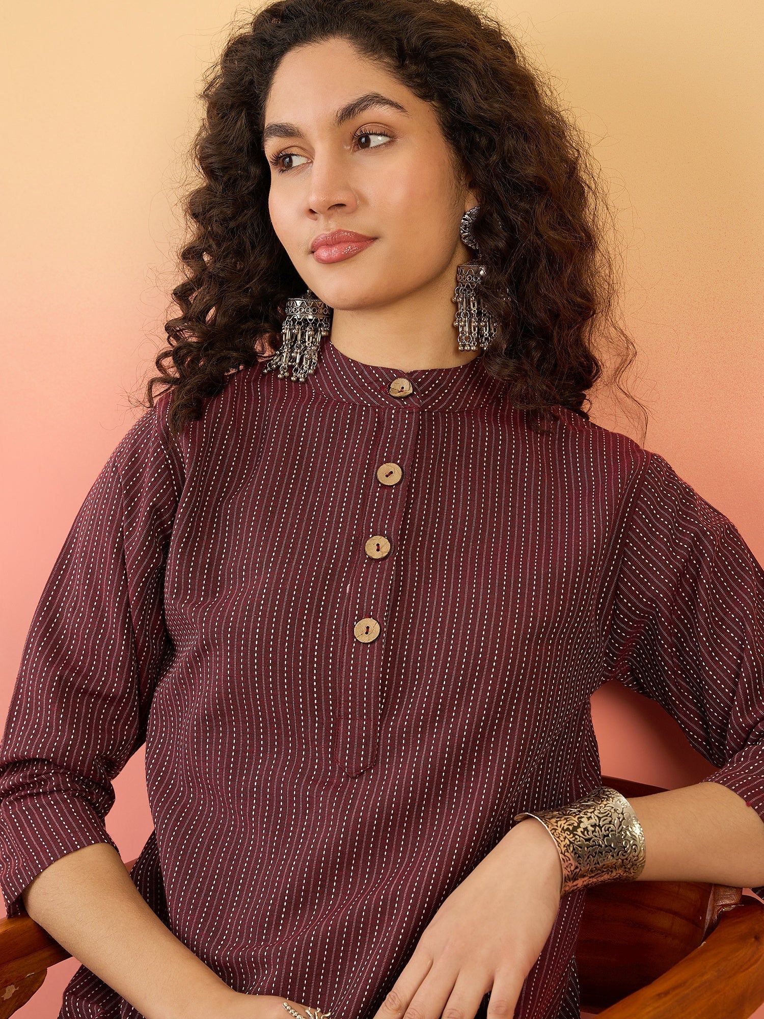 InWeave Wine Kantha Mandarin Button Dress