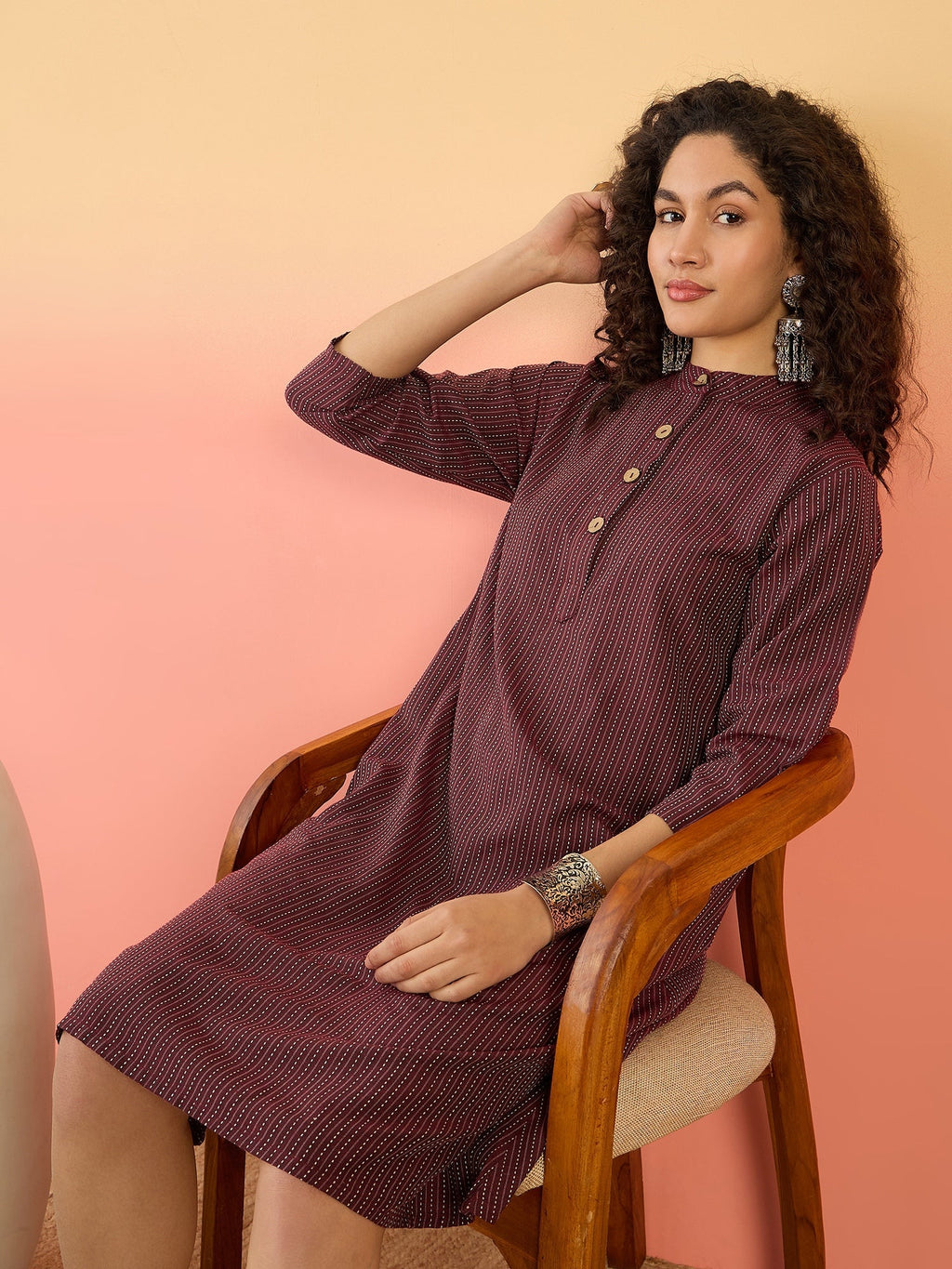 InWeave Wine Kantha Mandarin Button Dress