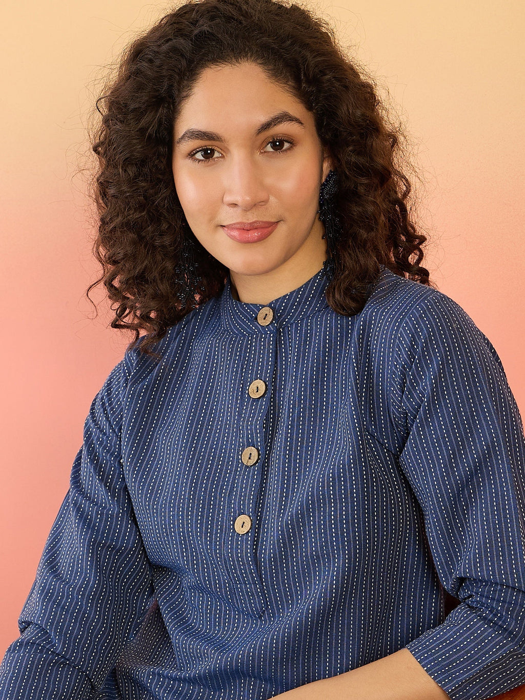 InWeave Blue Kantha Mandarin Button Dress