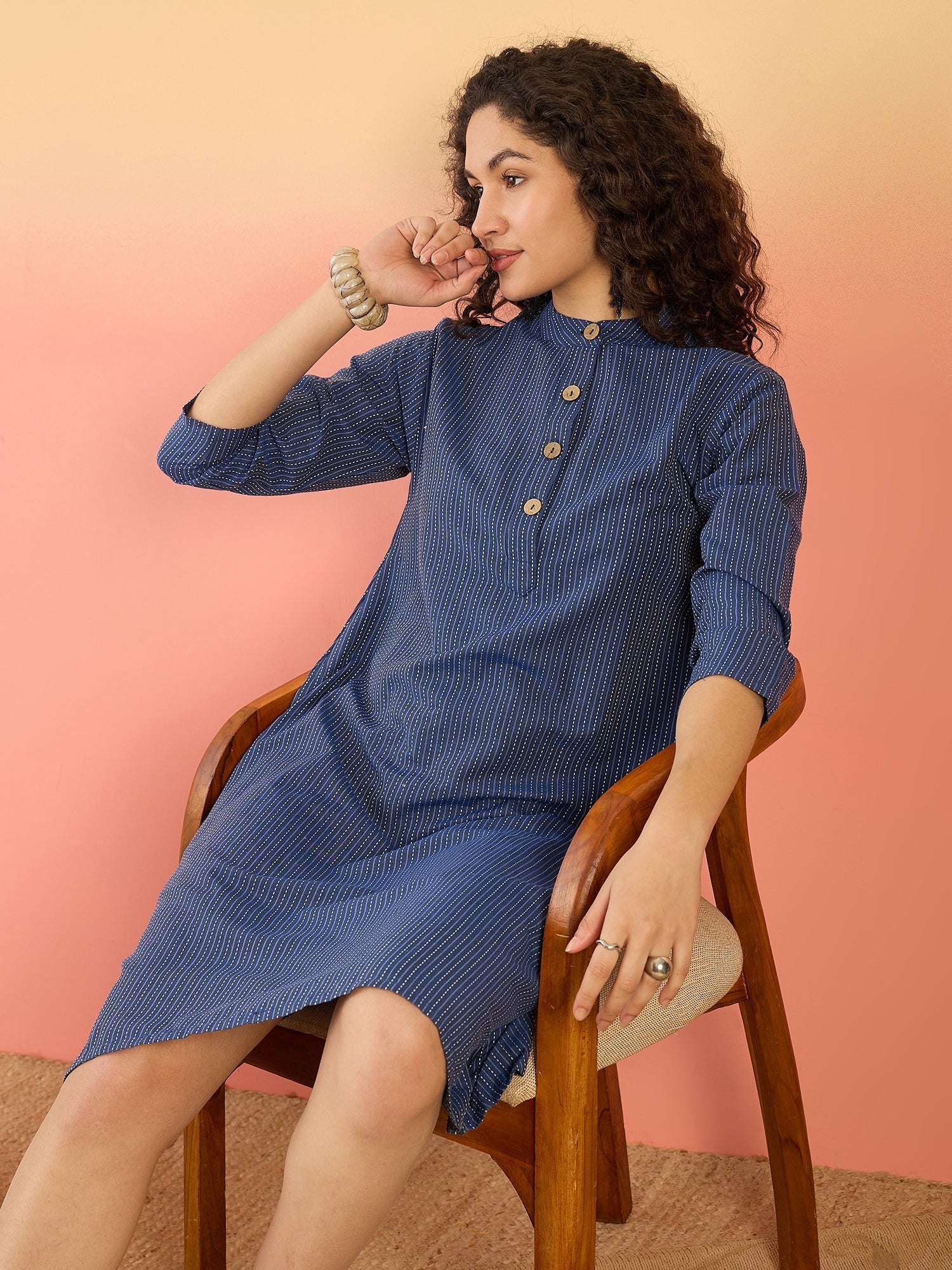 InWeave Blue Kantha Mandarin Button Dress