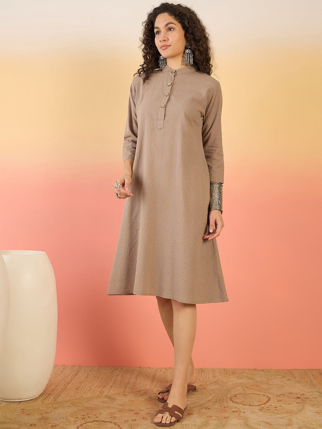InWeave Light Brown Kantha Mandarin Button Dress