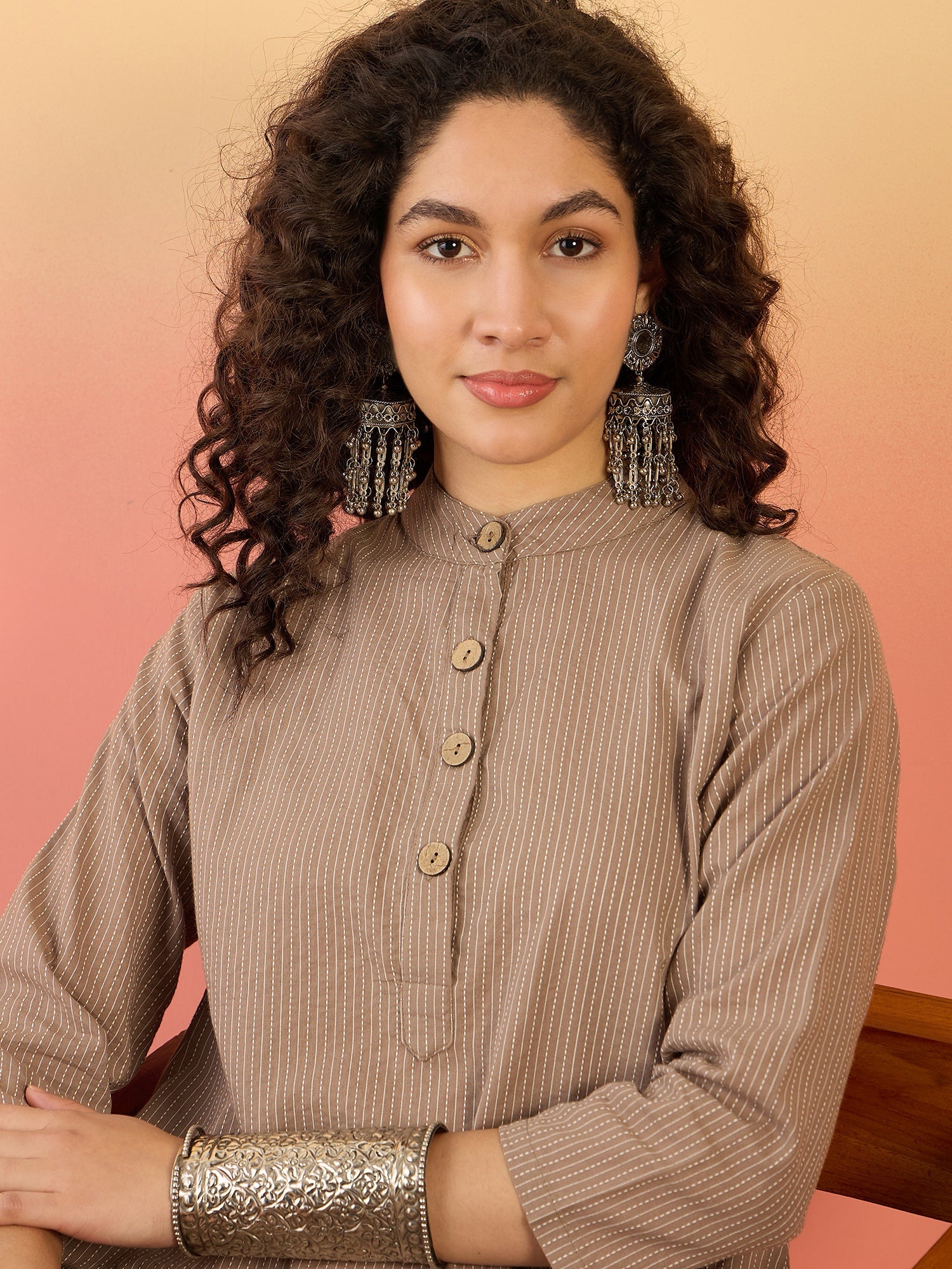 InWeave Light Brown Kantha Mandarin Button Dress