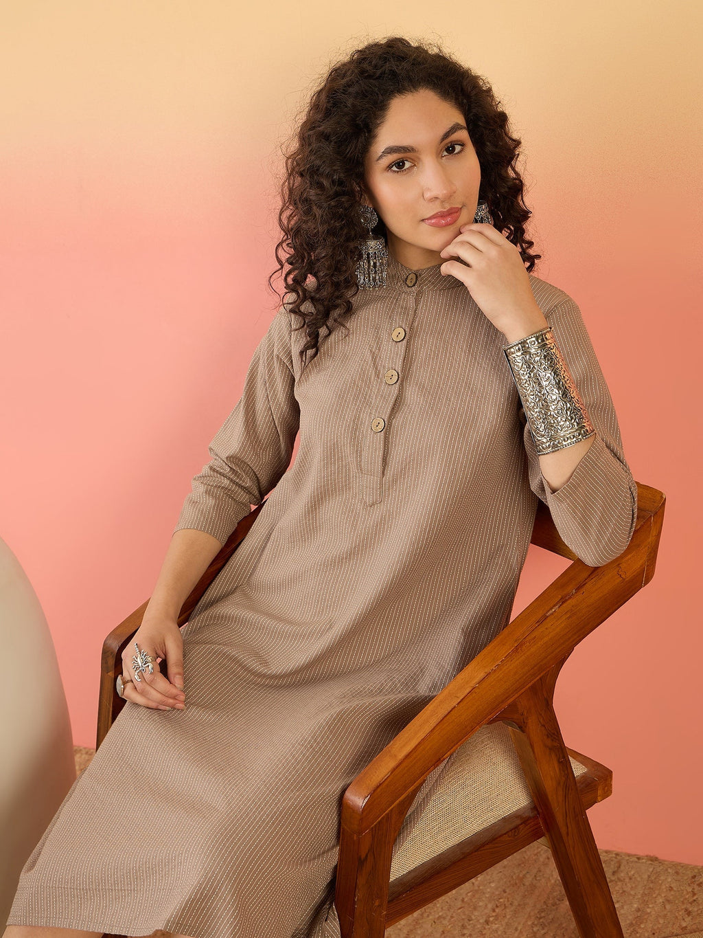 InWeave Light Brown Kantha Mandarin Button Dress