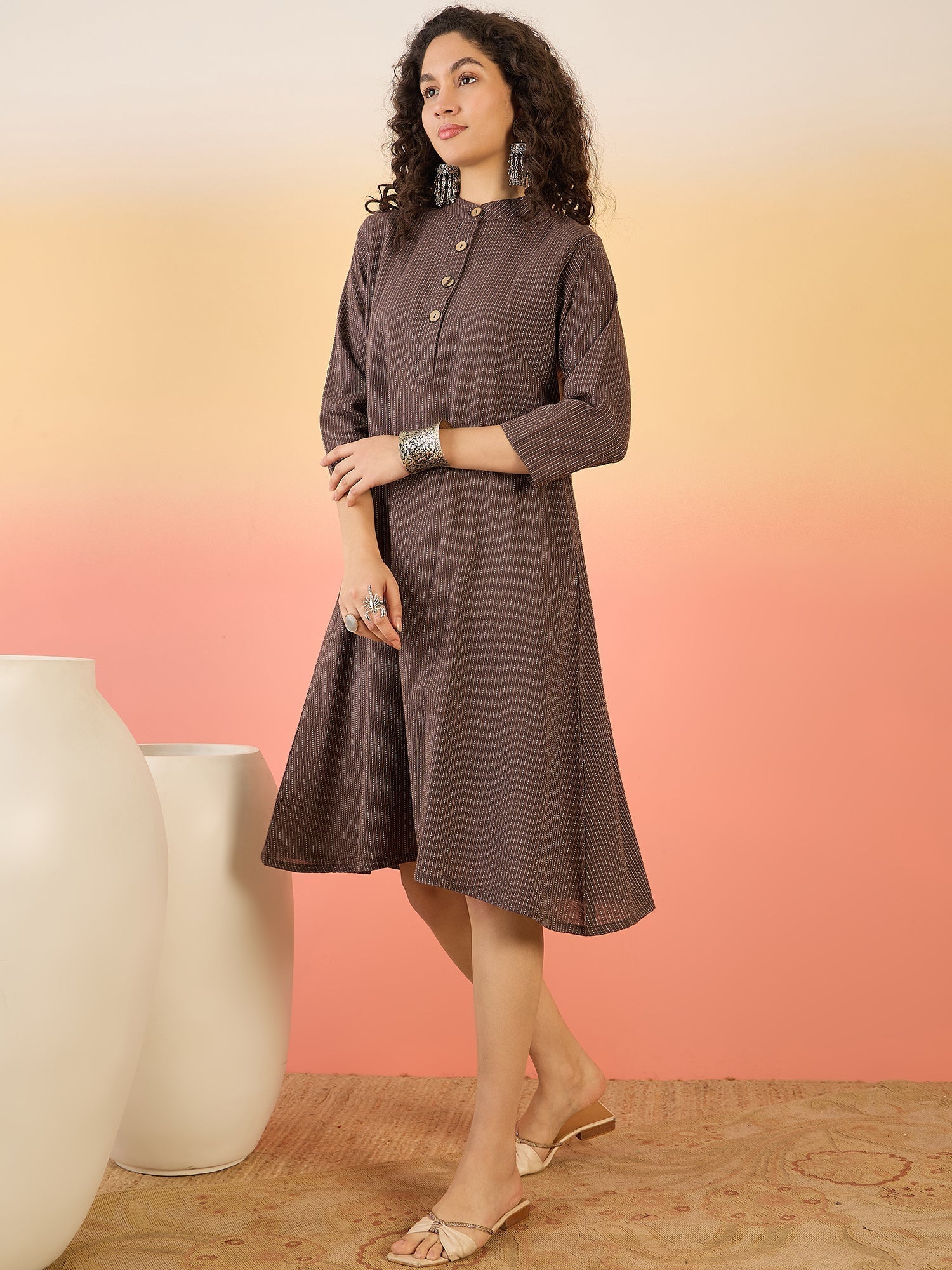 InWeave Dark Brown Kantha Mandarin Button Dress