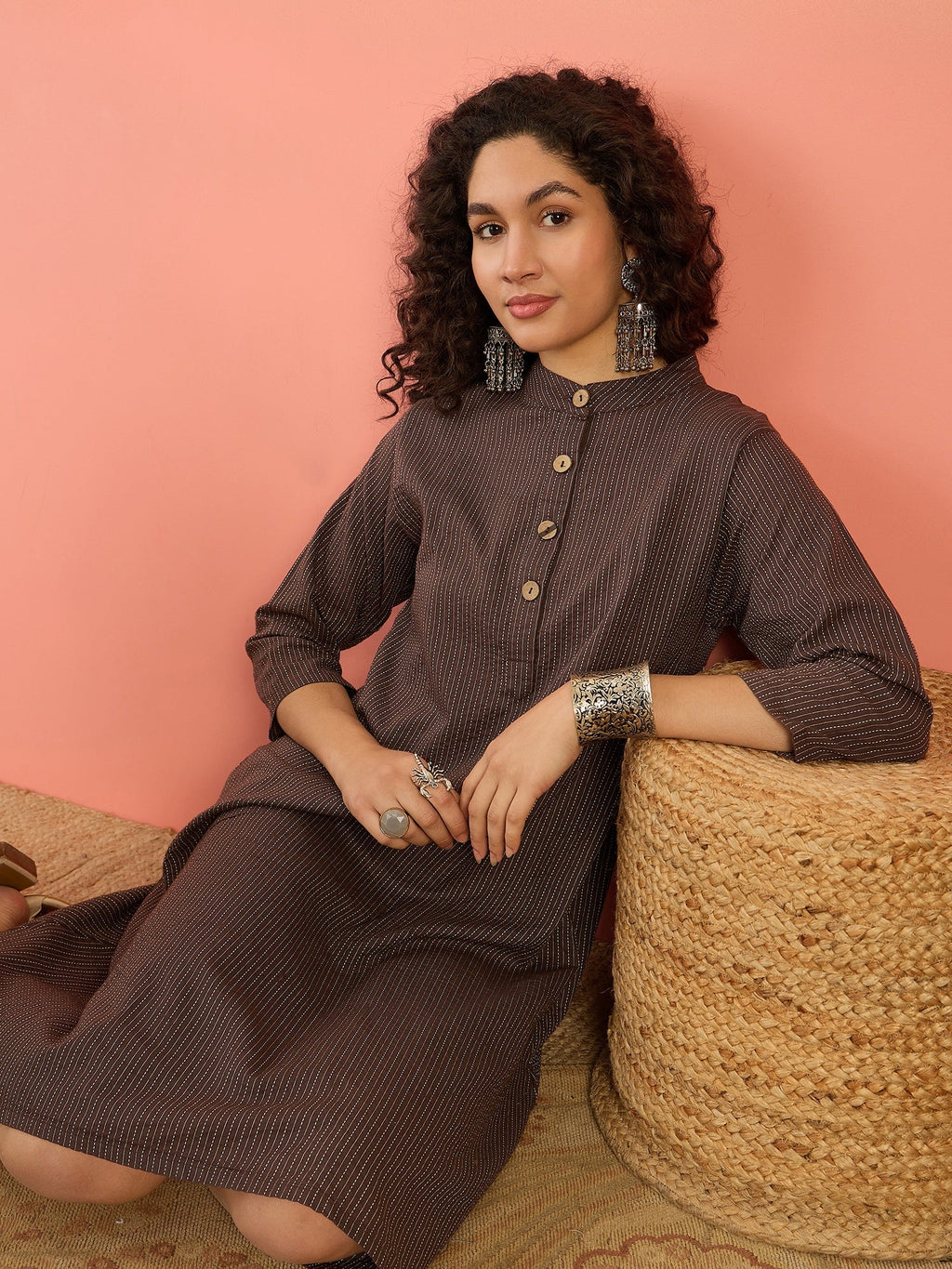 InWeave Dark Brown Kantha Mandarin Button Dress