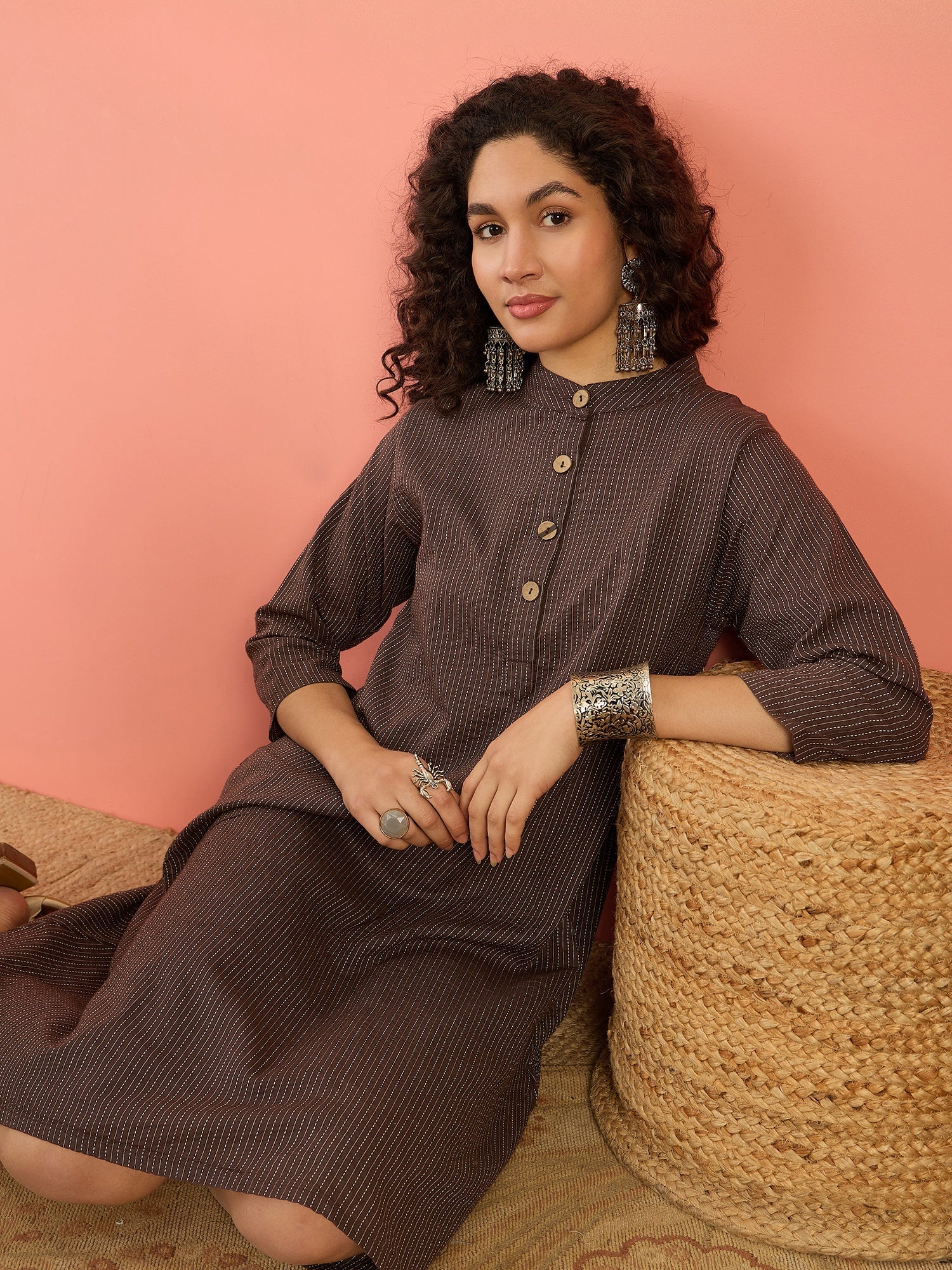 InWeave Dark Brown Kantha Mandarin Button Dress
