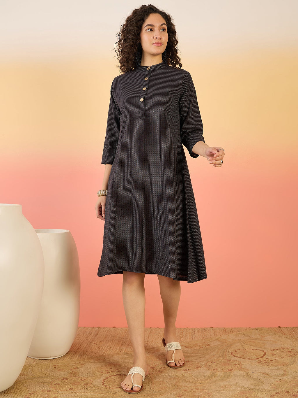 InWeave Black Kantha Mandarin Button Dress