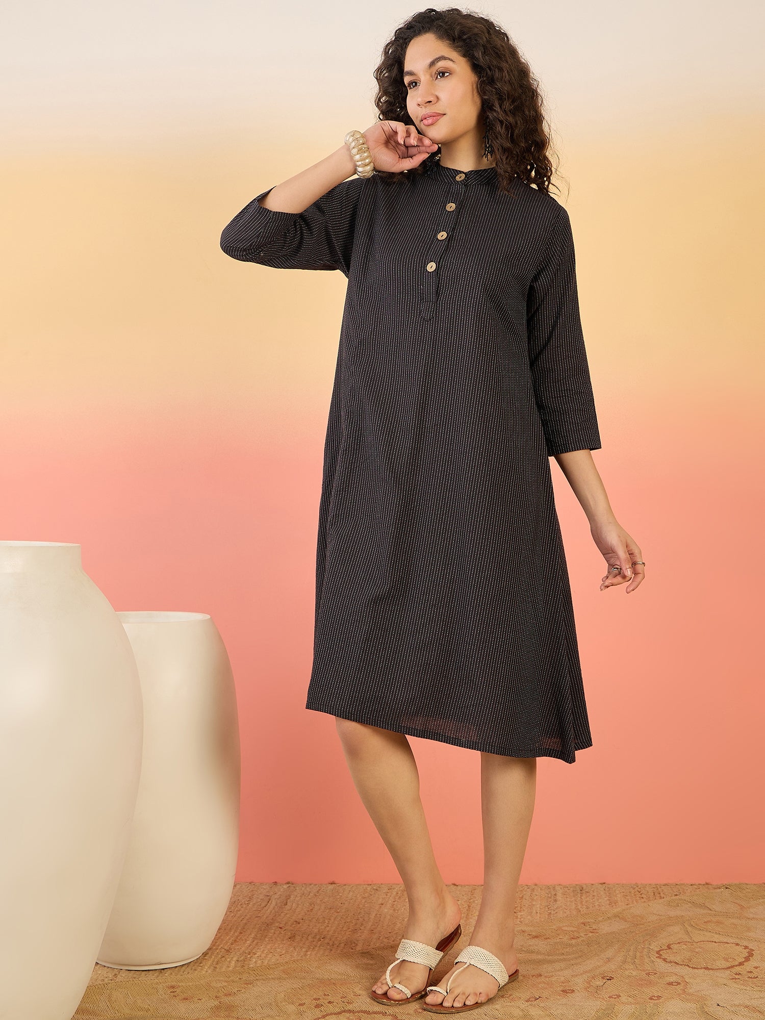 InWeave Black Kantha Mandarin Button Dress