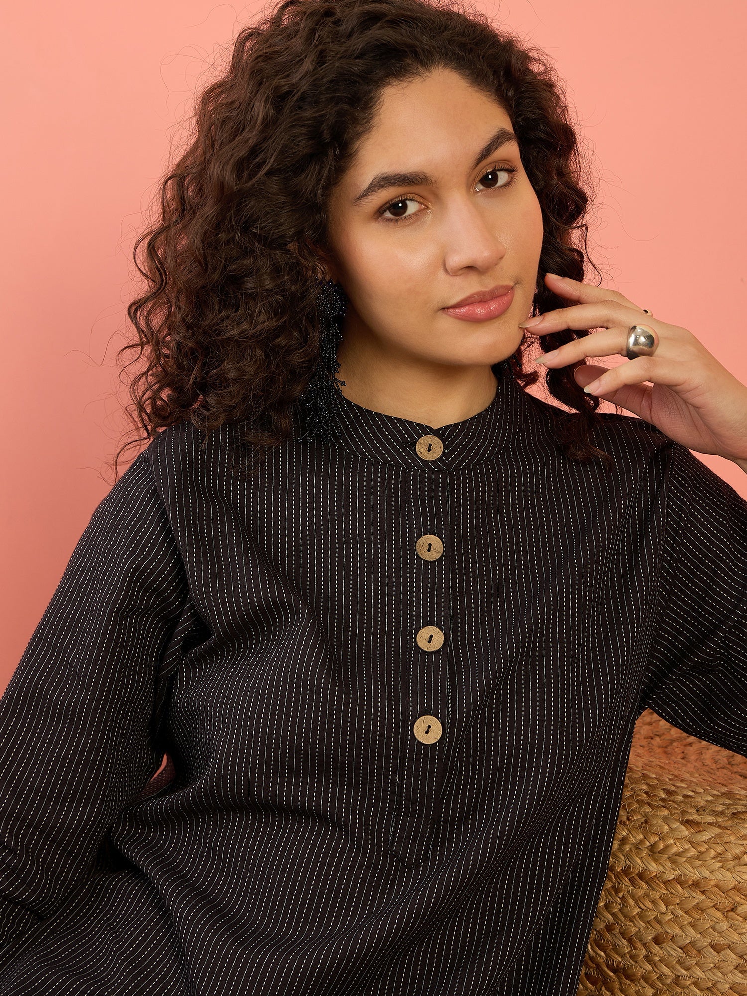 InWeave Black Kantha Mandarin Button Dress